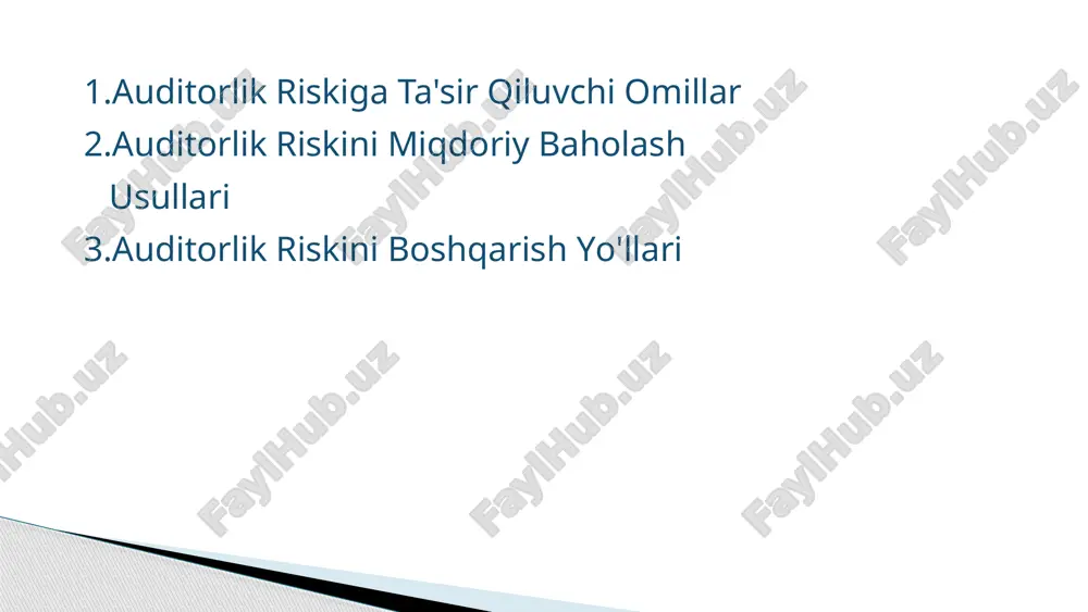 shga ta'sirini aniqlash. auditorlik riskini boshqarish yo'llari ichki nazoratni kuchaytirish kompaniyadagi ichki nazorat tizimining samaradorligini oshirish. riskni aniqlash va baholash auditorlik riskini aniqlash va baholash usullarini qo'llash. auditorlik ishlarini rejalashtirish auditorlik ishlarini rejalashtirishda auditorlik riskini hisobga olish. auditorlik riskini kamaytirish bo'yicha tavsiyalar muhimlik darajasini aniqlash auditorlik riskini aniqlash va baholashda muhimlik darajasini aniqlash. riskni tahlil qilish aniqlangan risklarning ehtimolligi va ta'sirini tahlil qilish. nazorat choralarini qabul qilish auditorlik riskini kamaytirish uchun zarur bo'lgan nazorat choralarini qabul qilish. xulosa va takliflar 1 aniqlash va baholash auditorlik riskini aniqlash va baholash jarayoni doimiy ravishda o'tkazilishi kerak. 2 boshqarish auditorlik riskini boshqarish choralarini qabul qilish va ularning samaradorligini doimiy ravishda kuzatib borish. 3 takomillashtirish auditorlik riskini aniqlash va boshqarish modelini doimiy ravishda takomillashtirish. image2.png image3.png image4.png image5.png image6.png image7.png image8.png image9.png image10.png image11.png image12.png image13.png image14.png image15.png image16.jpeg image17.png image1.jpeg