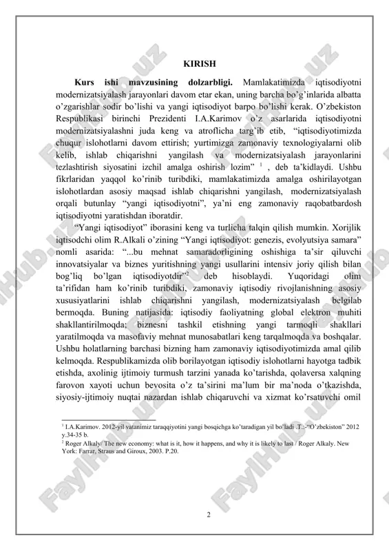 va masofaviy mehnat munosabatlari keng tarqalmoqda va boshqalar. ushbu holatlarning barchasi bizning ham zamonaviy iqtisodiyotimizda amal qilib kelmoqda. respublikamizda olib borilayotgan iqtisodiy islohotlarni hayotga tadbik etishda, axolinig ijtimoiy turmush tarzini yanada ko’tarishda, qolaversa xalqning farovon xayoti uchun bevosita o’z ta’sirini ma’lum bir ma’noda o’tkazishda, siyosiy- ijtimoiy nuqtai nazardan ishlab chiqaruvchi va xizmat ko’rsatuvchi omil 1 i.a.karimov. 2012-yil vatanimiz taraqqiyotini yangi bosqichga ko’taradigan yil bo’ladi .t.:-“o’zbekiston” 2012 y.34-35 b. 2 roger alkaly/ the new economy: what is it, how it happens, and why it is likely to last / roger alkaly. new york: farrar, straus and giroux, 2003. p.20. 3 sifatida hayotiy siklda bevosita ishtirok etuvchi korxona-tashkilotlarning o’rni bozor munosabatlari davrida muhim ahamiyatni kasb etadi. 2012-yilda mamlakatimizni ijtimoiy-iqtisodiy rivojlantirish yakunlari hamda 2013-yilga mo’ljallangan iqtisodiy dasturi ustuvor yo’nalishlariga bag’ishlangan vazirlar mahkamasining majlisida qilgan ma’ruzasida “fransiyadagi dunyoning eng yaxshi beshta biznes maktabi qatoriga kiradigan “inssad” xalqaro biznes maktabining 2012-yilgi “innovatsiyalarning global indeksi” ma’ruzasida …