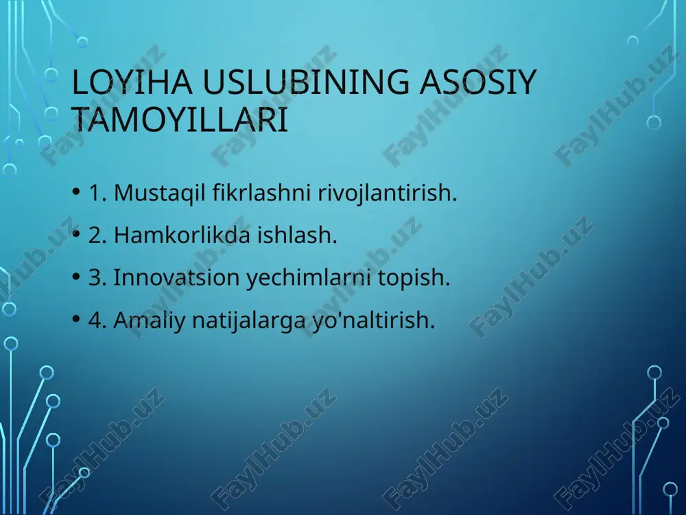 li usul bo'lib, ularni kelajakka tayyorlashga yordam beradi. loyiha uslubi loyiha uslubining asosiy tamoyillari loyiha uslubining ahamiyati loyiha uslubining asosiy bosqichlari loyiha uslubining afzalliklari o'quvchilarning ishtiroki o'qituvchi roli loyiha uslubi bo'yicha misollar o'zbekistonda loyiha uslubining qo'llanilishi zamonaviy texnologiyalar amaliy tavsiyalar xulosa