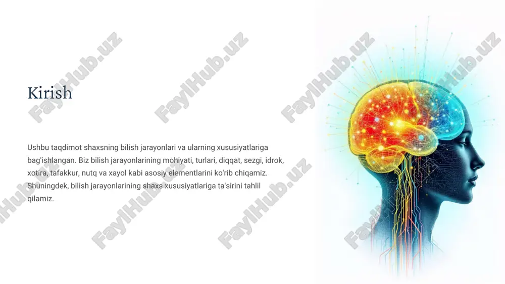 ti sezgi sezgi - bu tashqi ta'sirlarni sezish orqali axborot olish jarayoni. sezgilar bizni atrof-muhit bilan bog'laydi va idrok uchun asos yaratadi. idrok idrok - bu sezgilar asosida axborotni qayta ishlash va anglash jarayoni. idrok bizga dunyoni tushunish va unga moslashish imkoniyatini beradi. o'zaro bog'liqlik sezgi va idrok o'zaro bog'liq. sezgi idrok uchun material beradi, idrok esa sezgilarga ma'no beradi. ushbu jarayonlar birgalikda shaxsning bilish faoliyatini ta'minlaydi. xotira: turlari, jarayonlari va mustahkamlash yo'llari 1 turlari xotiraning asosiy turlari: sezgir (qisqa muddatli), qisqa muddatli va uzoq muddatli. har bir tur axborotni saqlash va qayta ishlashda o'ziga xos rol o'ynaydi. 2 jarayonlari xotiraning asosiy jarayonlari: esda saqlash, saqlash, esga tushirish va unutish. ushbu jarayonlar axborotni xotirada qayta ishlash va saqlashni ta'minlaydi. 3 mustahkamlash yo'llari xotirani mustahkamlash uchun turli usullar mavjud: takrorlash, assotsiatsiya, tizimlashtirish va boshqalar. ushbu usullar axborotni xotirada uzoq muddat saqlashga yordam beradi. tafakkur: shakllari, usullari va rivojlantirish strategiyalari shakllari tafakkurning …