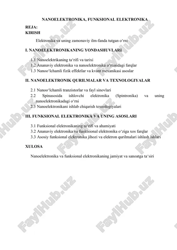 ng ixtiro qilinishi bilan boshlandi. bu kuchaytirish imkonini bergan birinchi aktiv element edi. 3. tranzistorlar davri (1948-yildan) - dj. bardin, v. bratteyn va v. shokli tomonidan bipolyar tranzistorning ixtiro qilinishi bilan boshlandi. 4. mikroelektronika va nanoelektronika bosqichi (1958-yildan hozirgacha) - integrallashgan mikrosxemalar (ims) va nanoo‘lchamli elektronika rivojlanishi bilan tavsiflanadi. mikroelektronika - fizik, konstruktiv-texnologik va sxemotexnik usullardan foydalanib, yangi turdagi elektron asboblar yaratishga asoslangan yo‘nalishdir. u integral mikrosxemalar (ims) va ularning qo‘llanish prinsiplarini ishlab chiqish bilan shug‘ullanadi. nanoelektronika esa o‘lchamlari 0,1 dan 100 nanometrgacha bo‘lgan yarimo‘tkazgich tuzilmalar elektronikasi bo‘lib, mikroelektronikaning miniatyuralash yo‘lidagi davomi hisoblanadi. u qattiq jism fizikasi, kvant elektronikasi, fizikaviy-kimyo va yarimo‘tkazgichlar elektronikasining yutuqlariga asoslanadi. nanoelektronikada erishilgan muhim natijalar:  geterotuzilmalar asosida yuqori samaradorlikka ega lazerlar va nurlanuvchi diodlar yaratildi.  fotoqabulqilgichlar, o‘ta yuqori chastotali tranzistorlar, bir elektronli tranzistorlar va turli xil sensorlar ishlab chiqildi.  nanoelektronik integral mikrosxemalar asosida yangi avlod mikroprotsessorlari ishlab chiqarildi. shvetsiya qirolligi fanlar akademiyasi elektronika …