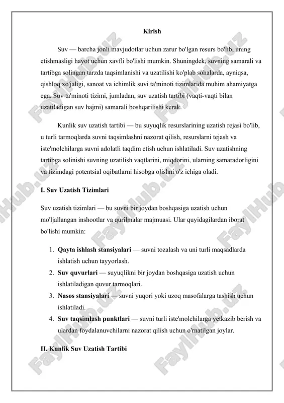 zonal iste'molning tahlili. suv iste'moli kunning turli vaqtlarida farq qilishi mumkin, masalan, ertalabki vaqtlarda yoki kechki paytlarda. 2. suv ta'minoti manbalari — suv ta'minoti manbalari, ya'ni daryolar, ko'llar, yer osti suvlaridan kelayotgan suvning miqdori va sifatiga asoslanadi. 3. nasoslar va quvurlarni ishlatish rejasi — nasoslar va quvurlarni samarali ishlatish, suvni kerakli tezlikda va miqdorda taqsimlash uchun optimallashtirish. 4. suvning to'liq taqsimlanishi — suvning ma'lum bir ob'ektga (masalan, uy- joy yoki sanoat korxonasi) yetkazib berilishi. suvning kunlik miqdori va vaqtida uzatilishi tartibga solinadi. 5. resurslarni tejash — suvni samarali ishlatish va tejash uchun zarur bo'lgan usullar. bu, o'z navbatida, suvni uzatishning samarasini oshiradi. iii. suv uzatish tartibini hisoblash usullari kunlik suv uzatish tartibini hisoblashda bir qancha omillarni hisobga olish kerak:  suv iste'molining kunlik va oylik prognozi: iste'molning o'zgarishi va tartibga solinishi uchun kunlik suvning ehtiyojiga qarab jadval tuziladi.  suv ta'minoti tizimining imkoniyatlari: tizimning quvurlari, nasoslar va boshqa inshootlar imkoniyatlari …