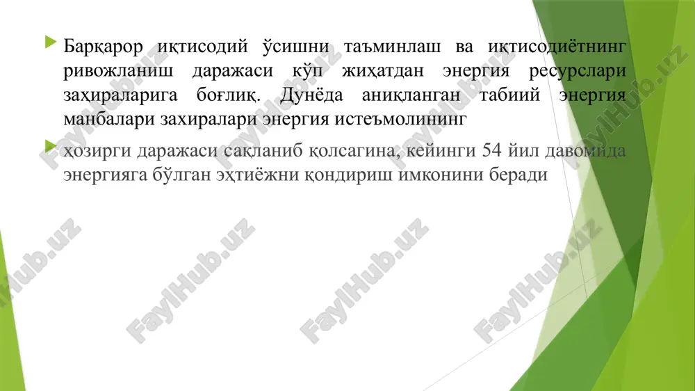 ksariyat adabiyotlarda tiklanadigan energiya tushunchasi o'rniga muqobil energiya tushunchasi qo'llaniladi. an'anaviy tarzda qazib chiqariladigan yoqilg'ini qayta ishlash hisobiga olinadigan energiyaga muqobil ravishda tiklanadigan manbalar hisobidan olinadigan energiya esa “muqobil energiya” deyiladi. tiklanadigan energetika “yashil energetika” hisoblanib, energetikaning ushbu turi an'anaviy energetikaga nisbatan tabiatga juda kam zarar etkazadi.  “yashil energetika” atamasi quyidagi texnologiyalarga nisbatan qo'llaniladi:  - er va dengizga o'rnatilgan shamol generatorlari;  - turli quyosh elektrenergetikasi texnologiyalari — binolar va uylarning tomiga o'rnatilgan quyosh panellaridan tortib quvvati 50 mvt gacha bo'lgan quyosh elektrostantsiyalari;  - o'simlik moyi yoki o'tinlarni yoqish hisobidan ishlaydigan generatorlar;  - er ostidagi issiq suvlar yoki oqimlar hisobidan issiqlik va energiya ishlab chiqaradigan geotermal manbalar;  - daryolarga o'rnatilgan kichik gidroturbinalar;  - dengiz to'lqini, suvning ko'tarilish yoki pasayishidan foydalanib ishlaydigan texnologiyalar.  “yashil energetika” sohasidagi barqaror rivojlanish tendentsiyaari istiqbolda dunyo mamlakatlari uchun yangi ijtimoiy- iqtisodiy rivojlanish modeliga o'tish imkonini yaratishi mumkin. sohaga yo'naltirilayotgan …