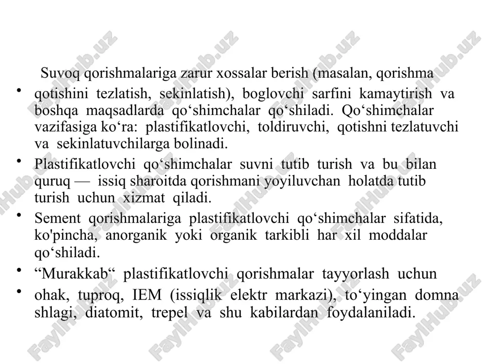 di.odatda, qo‘shimcha boglovchi massasiga nisbatan 0,1 — 0,3 % miqdorda qo ‘shiladi. biroq, aniq materiallar uchun, sharoitni hisobga olib, qo‘shilma miqdorini o‘zgartirish tavsiya etiladi. bu masala qurilish laboratoriyasida qorishma tarkibini tanlashda hal etiladi. to`ldirgichlar qorishmaga uning zichligini oshirish, yoyi luvchanligini yaxshilash va sement sarfini kamaytirish maqsa dida qo‘shiladi. ular tog‘ jinslari yoki sanoat chiqindilari: kvars qumi, qumtoshlar, dolomitlar, otilib chiqqan jinslar, lyosslar, yoqilg'i va domna shlaklarini mayin maydalab olinadi. havo ning nisbiy namligi 50 %dan kam bo`lgan quruq — issiq iqlimli hudud- larda yuqori markali sement sarfini kamaytirish zarur bolganda qo‘shimcha — toldirgichlar qo‘shish, ayniqsa, samarali hisobla nadi. toldirgichlarning tuyilish mayinligi shunday bo`lishi ke- rakki, 008 nomerli elakdan o ‘tkazilgandagi qoldiqning miqdori 16 to`ldirgichning namuna elakdan o'tkazishdan oldingi massasiga nisbatan 15 %dan oshmasin. qotishni tezlatkich va sekinlatkichlar havo harorati 0°c dan past bo‘lganda qorishm alarga qotishni tezlatkichlar qo ‘shish tavsiya etiladi. ular jumlasiga, kaliy sulfat k s04, kalsiy xlorid cacl2, …