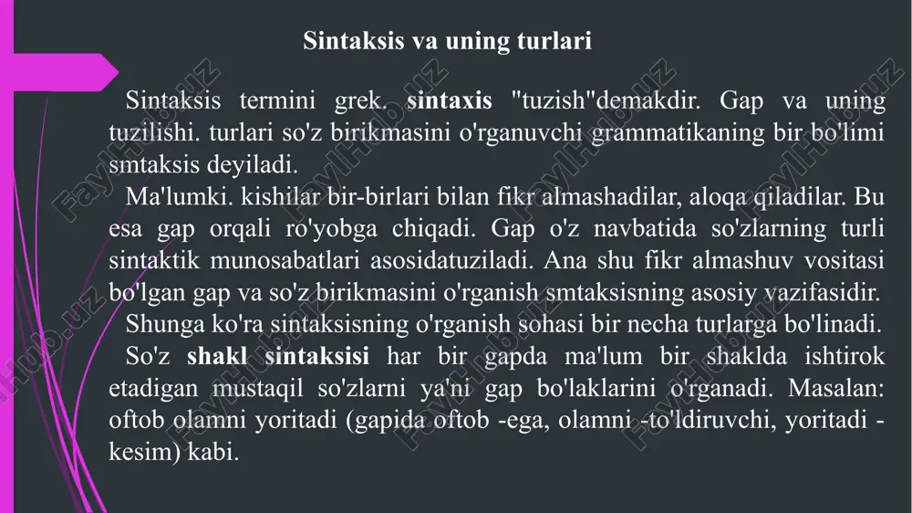 ik bog'lanib xabar bildiruvchi, fikrifodalovchi birlik yuzaga keladi. so'z birikmasi tushunchalar orasidagi munosabatlarni ifoda qilish uchun ma'no va grammatik jihatdan o'zaro bog'lanib kelgan ikki va undan ortiq mustaqil so'z, so'z birikmasi deyiladi. masalan: a'lochi talaba, keksa bog'bon, tovushdan tez, oppoq qor, shohistaning kitobi. so'z birikmasi kamida ikkita mustaqil so'zning o'zaro grammatik jihatdan bog'lanishidan hosil bo'ladi. so'z birikmasi erkin birikma hisoblanadi va turg'un birikmalardan farq qiladi. turg'un birikmalar tarkibidagi so'zlar o'rnini almashtirib bo'lmaydi va ular bir gap bo'lagi vazifasini bajaradi. erkin birikma tarkibidagi so'zlar o'rnini almashtirish mumkin va birikma tarkibidagi har bir so'z alohida gap bo'lib kela oladi. e’tiboringiz uchun rahmat /docprops/thumbnail.jpeg