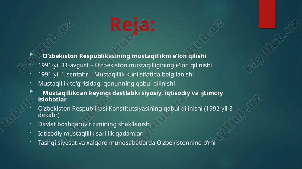 ati tizimi isloh qilinib, prezident boshchiligidagi boshqaruv tizimi shakllantirildi. 🔹 mahalliy hokimiyat organlari mustahkamlandi va viloyatlar, tumanlar va shaharlar hokimiyatlari mustaqil faoliyat yurita boshladi. qonunchilik va sud-huquq tizimidagi islohotlar  🔹 o‘zbekiston respublikasi oliy majlisi (parlament) tuzildi va uning faoliyati rivojlantirildi. 🔹 sud tizimi mustaqil institut sifatida shakllandi, konstitutsiyaviy sud, oliy sud va xo‘jalik sudi tashkil qilindi. 🔹 jinoyat, fuqarolik va mehnat kodekslari qabul qilindi. 2005-🔹 yilda o‘lim jazosi bekor qilindi va inson huquqlarini himoya qilish bo‘yicha islohotlar amalga oshirildi. slide 1 reja: o‘zbekiston respublikasining mustaqilligi e’lon qilinishi: mustaqillik e’lon qilingandan keyingi dastlabki qadamlar: . davlat boshqaruv tizimining shakllanishi qonunchilik va sud-huquq tizimidagi islohotlar