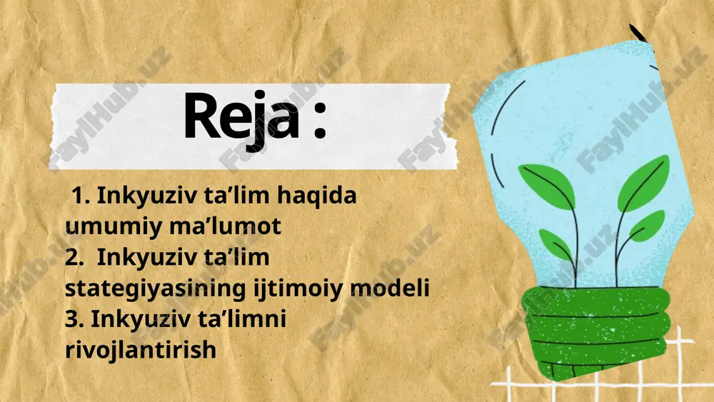 langan inklyuziv ta’lim strategiyalari • barqaror ta’lim muhiti yaratish – barcha bolalar uchun ochiq va qulay maktablarni tashkil etish. • pedagoglarni maxsus tayyorlash – o‘qituvchilar inklyuziv ta’lim tamoyillarini tushunishi va amaliyotda qo‘llay olishi kerak. • moslashtirilgan o‘quv dasturlari – bolalarning individual ehtiyojlariga qarab moslashtirilgan o‘quv rejalarini ishlab chiqish. • fizik va psixologik to‘siqlarni bartaraf etish – maktablar va ta’lim muassasalarida maxsus liftlar, panduslar, audiovizual materiallar, psixologik yordam xizmatlari tashkil etish. • ijtimoiy ong va madaniyatni rivojlantirish – inklyuziv ta’lim jamiyat tomonidan qo‘llab- quvvatlanishi uchun ijtimoiy ongni oshirish. ijtimoiy modelning afzalliklari: maxsus ehtiyojga ega bolalarni jamiyatdan ✅ ajratmaslikka yordam beradi. o‘zaro tushunish va bag‘rikenglikni oshiradi.✅ har bir bolaning jamiyatga foydali bo‘lishiga ✅ sharoit yaratadi. disriminatsiyani kamaytiradi va ta’limning adolatli ✅ bo‘lishini ta’minlaydi.. o‘zbekistonda inklyuziv ta’limning hozirgi holati o‘zbekistonda inklyuziv ta’limni rivojlantirish bo‘yicha so‘nggi yillarda bir qator muhim tashabbuslar amalga oshirildi. jumladan, 2020- yilda "2020–2025-yillarda xalq ta’limi tizimida inklyuziv ta’limni rivojlantirish konsepsiyasi" …