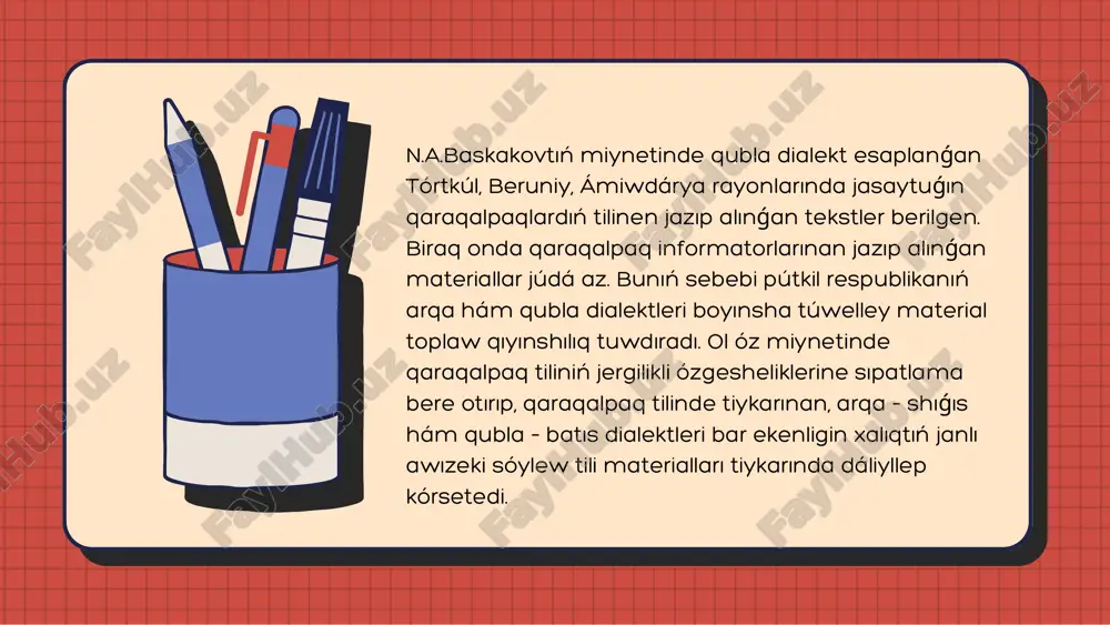 leri aytıladı: buv // puv. 6. arqa – shıǵıs dialektinde sózdiń basında t hám kk / k únsiz dawıssızları, qubla – batıs dialektinde únli dawıssızlar ushırasadı: tuz // duz, tizgin // duzgin hám t.b. 7. arqa – shıǵıs dialektinde h foneması qollanılmaydı, qubla – batıs dialektinde bul fonema júdá jiyi qollanıladı; qaraqalpaq tiliniń dialektlerin ekinshi ret klassifikaciyalaǵan alım sırt elli tyurkolog prof. s.vurm bolıp esaplanadı. ol óz miynetinde qaraqalpaq tilinde úsh dialektti atap ótip, olardaǵı fonetikalıq, grammatikalıq hám sóz shaqaplarındaǵı ayırmashılıq belgilerdi kórsetedi. s.vurmnıń pikirinshe qaraqalpaq tili qońırat, shax – abbaz – wáliy (shabbaz, házirgi beruniy) hám qarasaqal dialektlerinen ibarat. onıń pikirinshe qońırat dialektinde ózbek tiliniń tásiri bar. bul tásirlerdiń tildiń fonetika, leksika, grammatika tarawlarında kórinetuǵınlıǵın mısallar arqalı kórsetken. shax – abbaz wáliy dialektinde de ózbek tiliniń tásiri bar, biraq bul qońırat dialektine qaraǵanda basqasharaq degen pikirdi aytadı. s.vurm bul dialektti haqıyqıy qaraqalpaq tiliniń birden – bir jaqsı úlgisi dep …