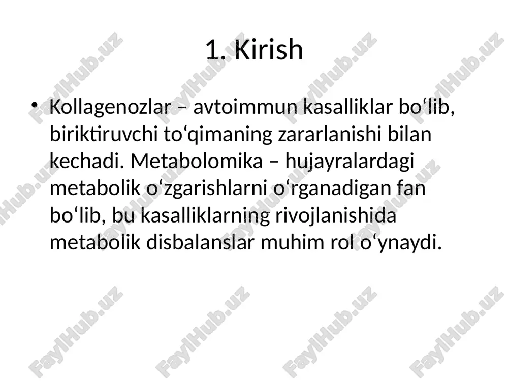 amida kasallik diagnostikasi va terapiyasi aniqroq va samaraliroq bo‘lishi mumkin. metabolik biomarkerlar asosida shaxsiy davolash rejalarini ishlab chiqish imkoniyati mavjud. kollagenozlar va metabolomika 1. kirish 2. kollagenozlarda metabolik o‘zgarishlar 3. metabolomik biomarkerlar 4. metabolik jarayonlar va patogenez 5. diagnostika 6. metabolik terapiya va davolash 7. profilaktika xulosa