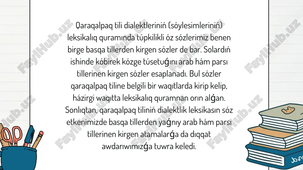 qarawǵa bolmaydı. máselen, moynaq rayonında jasawshı xalıqtıń awızeki sóylew tilinde arab – parsı tiliniń elementleri az. buǵan mısal rayon xalqı balıqshılıq penen erteden shuǵıllanıp kelgen. balıqshılıq kásibine tiyisli atamalarda arab – parsı elementleri hátteki, joqtıń qasında. respublikamızdıń bir qatar rayonlarında jasaytuǵın xalıqtıń tilinde (tórtkúl, beruniy, ámiwdárya, qońırat, xojeli) arab – parsı tillerinen kirgen elementler kóbirek ushırasadı, sebebi bul rayonlar aymaqlıq jaqtan ózbekler hám túrkmenler menen erteden qatnasıqta bolıp kelgen. sonlıqtan, qaraqalpaq tiline awıl xojalıǵı, mádeniy, sawda tarawlarına baylanıslı tájik-parsı sózleri ótken. máselen, moynaq rayonında jasawshı xalıqtıń awızeki sóylew tilinde arab – parsı tiliniń elementleri az. buǵan mısal rayon xalqı balıqshılıq penen erteden shuǵıllanıp kelgen. balıqshılıq kásibine tiyisli atamalarda arab – parsı elementleri hátteki, joqtıń qasında. respublikamızdıń bir qatar rayonlarında jasaytuǵın xalıqtıń tilinde (tórtkúl, beruniy, ámiwdárya, qońırat, xojeli) arab – parsı tillerinen kirgen elementler kóbirek ushırasadı, sebebi bul rayonlar aymaqlıq jaqtan ózbekler hám túrkmenler menen erteden qatnasıqta bolıp kelgen. sonlıqtan, qaraqalpaq …