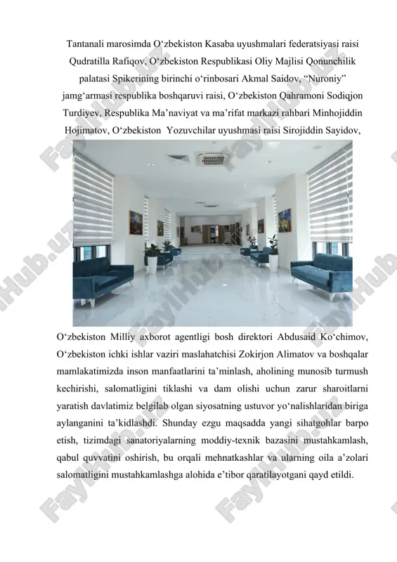 relefli maydonlarda murakkab sharoitdagi qurilish ishlari amalga oshirildi. zam onaviy va milliy me’moriy yechimlar asosida yetti qavatli sog‘lomlashtirish maskani qad rostladi. uning birinchi qavatida qabul va boshqaruv bo‘limi, ikkinchi qavatdan oltinchi qavatgacha barcha qulaylikka ega yotoqxonalar, yettinchi qavatda lyuks-appartament xonalari joylashgan. yangi sanatoriya tog‘ iqlimi, tabiatining shifobaxsh xususiyatiga ko‘ra, yuqori nafas yo‘llari, allergiya, astma, asab, yurak qon-tomir, urologik, ginekologik, harakat- tayanch tizimi kasalliklarini davolashga ixtisoslashgan. 3,16 gektar maydonda joylashgan sanatoriyaga 4 kilometr masofadagi tog‘lar qo‘ynidan maxsus quvurlar orqali toza ichimlik suvi tortib kelindi. o‘zbekiston kasaba uyushmalari federatsiyasi dam olish maskanini tashxislash va davolash, salomatlikni tiklash va turli kasalliklarning oldini olishga xizmat qiluvchi eng so‘nggi rusumdagi zamonaviy tibbiy asbob-uskunalar, shuningdek, eng zamonaviy, yuqori sifatli qattiq va yumshoq mebellar bilan jihozladi. dam oluvchilar uchun bu yerda fizioterapiya va suv bilan davolash bo‘limlari, shifobaxsh tuz g‘ori, laboratoriya, jismoniy tarbiya, balchiq va parafin bilan davolash, gadroaeroionizatsiya xonalari, yopiq suzish havzasi, turk hammomi xizmatlaridan foydalanishi …