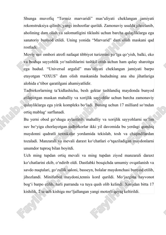 n bitta 17 kishilik, 2 ta uch kishiga moʻljallangan yangi motorli qayiq keltirildi. – suv ombori boʻyi yozning chillasida oilaviy dam olib, hordiq chiqarish uchun juda qulay hudud, – deydi dam olish maskani ish yurituvchisi umid jalilov. – havosi salqin, toza boʻladi. shuning uchun biz mahalliy va xorijlik sayyohlar ehtiyojidan kelib chiqib, shunga mos sharoit yaratishga harakat qilayapmiz. shu maqsadda mehmonxona, restoran, ichkarisida basseyni bilan ikki qavatli uchta kottej uy qurilishiga poydevor tashlayapmiz. kelgusi yil yana oʻnta ikki qavatli shinam kottej uy qurmoqchimiz. bularning barchasi sayyohlar didiga mos jihozlanib, sifatli xizmatlar koʻrsatish yoʻlga qoʻyiladi. hayvonot bogʻimiz rang-barang jonivorlar bilan boyitiladi. shu kunlarda dam olish maskanimizga kelib ketayotganlar ham odamlarda chet elnikidan qolishmaydigan bunday joylarga ehtiyoj oshib borayotganini koʻrsatmoqda. ayni paytda dam olish maskanida 50 ga yaqin yangi ish oʻrni yaratildi. u toʻliq qurilib, ishga tushirilgach, 200 dan ortiq yigit-qizning bandligi taʼminlanadi. – vazirlar mahkamasining 2018-yil 3-dekabrdagi “ekoturizmni rivojlantirish va suv …