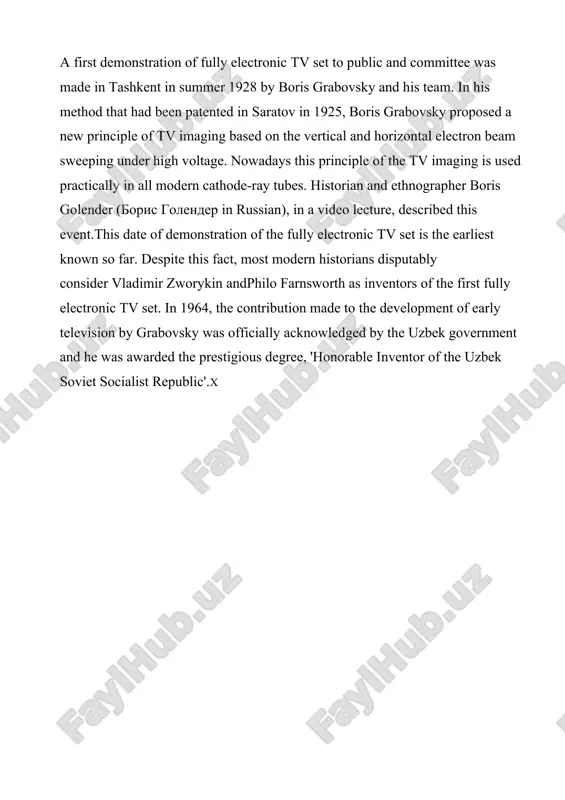 n russian), in a video lecture, described this event.this date of demonstration of the fully electronic tv set is the earliest known so far. despite this fact, most modern historians disputably consider vladimir zworykin andphilo farnsworth as inventors of the first fully electronic tv set. in 1964, the contribution made to the development of early television by grabovsky was officially acknowledged by the uzbek government and he was awarded the prestigious degree, 'honorable inventor of the uzbek soviet socialist republic'.x https://en.wikipedia.org/wiki/philo_farnsworth https://en.wikipedia.org/wiki/vladimir_zworykin https://en.wikipedia.org/wiki/saratov https://en.wikipedia.org/wiki/boris_grabovsky geography and climate tashkent41°18′n 69°16′e is situated in a well-watered plain to the west of the last altai mountains citation needed]on the road betweenshymkent andsamarkand. tashkent sits at the confluence of the chirchik river and several of its tributaries and is built on deep alluvial deposits up to 15 metres (49 ft). the city is located in an active tectonic area suffering large numbers of tremors …