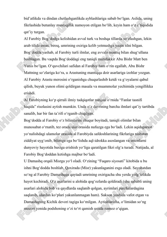 i xurofotlariga to‘g‘ridan-to‘g‘ri ta’nalari esa ko‘p odamlarning unga nisbatan bid’atlikda va dindan chetlashganlikda ayblashlariga sabab bo‘lgan. aslida, uning fikrlashida butunlay mustaqillik namoyon etilgan bo‘lib, keyin ham o‘z e’tiqodida qat’iy turgan. al farobiy bog‘dodga kelishidan avval turk va boshqa tillarda so‘zlashgan, lekin arab tilida emas, biroq, umrining oxiriga kelib yetmushga yaqin tilni bilgan. bog‘dodda yashab, al farobiy turli ilmlar, eng avvalo mantiq bilan shug‘ullana boshlagan. bu vaqtda bog‘doddagi eng taniqli mutafakkir abu bishr matt ben yunis bo‘lgan. o‘quvchilari safidan al farobiy ham o‘rin egallab, abu bishr mattning so‘zlariga ko‘ra, u arastuning mantiqqa doir asarlariga izohlar yozgan. al farobiy arastu merosini o‘rganishga chuqurlashib ketdi va g‘oyalarni qabul qilish, buyuk yunon olimi qoldirgan masala va muammolar yechimida yengillikka erishdi. al farobiyning ko‘p qirrali ilmiy tadqiqotlar natijasi o‘rnida “fanlar tasnifi haqida” risolasini aytish mumkin. unda o‘z davrining barcha ilmlari qat’iy tartibda sanalib, har bir fan ta’rifi o‘rganib chiqilgan. bog‘dodda al farobiy o‘z bilimlarini chuqur …