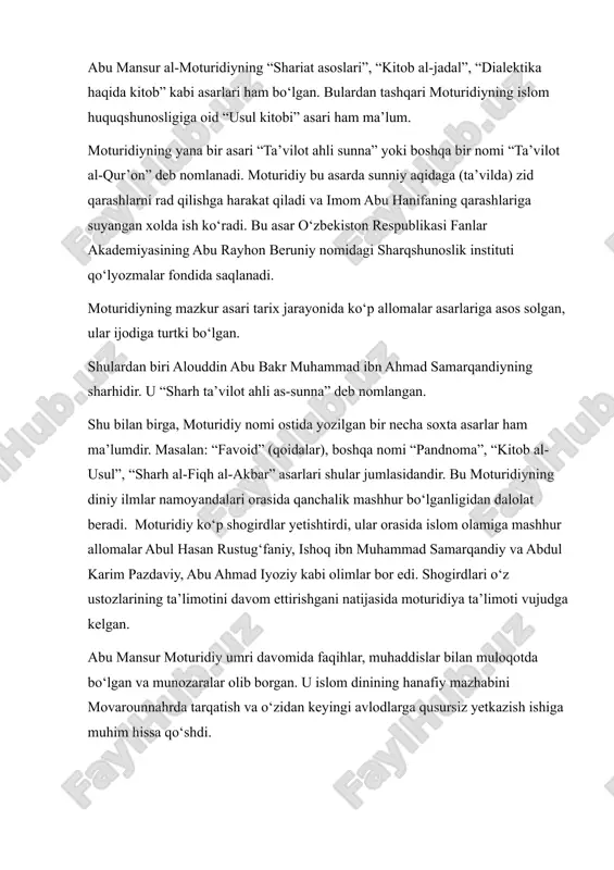 ma’lum. moturidiyning yana bir asari “ta’vilot ahli sunna” yoki boshqa bir nomi “ta’vilot al-qur’on” deb nomlanadi. moturidiy bu asarda sunniy aqidaga (ta’vilda) zid qarashlarni rad qilishga harakat qiladi va imom abu hanifaning qarashlariga suyangan xolda ish ko‘radi. bu asar o‘zbekiston respublikasi fanlar akademiyasining abu rayhon beruniy nomidagi sharqshunoslik instituti qo‘lyozmalar fondida saqlanadi. moturidiyning mazkur asari tarix jarayonida ko‘p allomalar asarlariga asos solgan, ular ijodiga turtki bo‘lgan. shulardan biri alouddin abu bakr muhammad ibn ahmad samarqandiyning sharhidir. u “sharh ta’vilot ahli as-sunna” deb nomlangan. shu bilan birga, moturidiy nomi ostida yozilgan bir necha soxta asarlar ham ma’lumdir. masalan: “favoid” (qoidalar), boshqa nomi “pandnoma”, “kitob al- usul”, “sharh al-fiqh al-akbar” asarlari shular jumlasidandir. bu moturidiyning diniy ilmlar namoyandalari orasida qanchalik mashhur bo‘lganligidan dalolat beradi. moturidiy ko‘p shogirdlar yetishtirdi, ular orasida islom olamiga mashhur allomalar abul hasan rustug‘faniy, ishoq ibn muhammad samarqandiy va abdul karim pazdaviy, abu ahmad iyoziy kabi olimlar bor edi. …