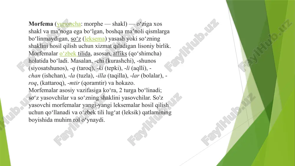 hlaydigan mutaxassisning g'oyasini (tish) ma'nosiga qo'shadi; "denting" da, morfema havo harakat g'oyasini qo'shadi (tishlarini qazish). ushbu morfemalarni o'zakka qo'shish asl nusxadan yangi so'zlarni hosil qiladi. unga qo'shiladigan o'zakdagi semantik o'zgarishlarni boshqarishga qodir morfema deyiladi affiks. agar radikaldan oldin qo'yilsa, u deyiladi prefiks; agar, keyin, qo'shimchasi. quyidagi holatlarga qarang: qo'shimcha va prefiks qo'shilishi natijasida hosil bo'lgan har bir yangi so'zga yangi ma'no beriladi. ba'zi hollarda sinf so'zi hatto o'zgartirilgan: tosh va tosh ismdan yasalgan fe'llardir tosh. qo'shimchalardan tashqari, ildizning o'zgarishini keltirib chiqaradigan morfemalar ham mavjud, ammo ular yangi so'z yaratmaydi, faqat asl nusxasini ta'sir qiladi, ya'ni bizda yangi so'z bo'lmasdan o'zgarishlarni keltirib chiqaradi. agar morfemani qo'shsak -s tosh so'ziga bizda bu ismning (toshlarning) sonli egilishi bo'ladi; agar morfemani qo'shsak -oz, bizda egiluvchanlik darajasi bor (tosh - toshning kichraytirishi). agar fe'lni birlashtirsak toshr, biz so'z oxirida modifikatsiyaga ega bo'lamiz: apedrejhey, tosheshkaklar, tosho, toshshudgor. ular fe'lni zamon (hozirgi, o'tmish, kelajak), shaxsan (1-chi, 2-chi) …