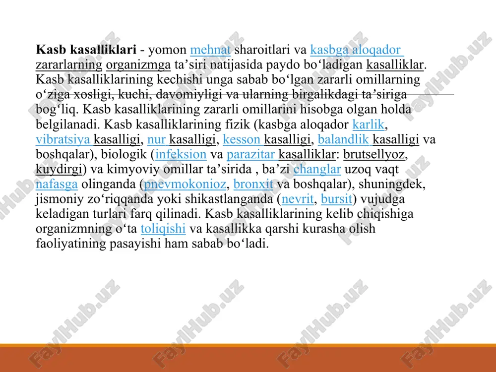 r. pnevmokonioz kasalligi bilan og‘rigan bemorlarda hamshiralik parvarishi kasb-kor kasalliklari ichida juda ko‘p tarqalgan va o‘rganilgani, har xil changlar bilan nafas olishiga bog‘liq bo‘lgan – chang natijasida kelib chiqadigan bronxitlar va pnevmokoniozlardir. changning hosil bo‘lishi sanoat va qishloq xo‘jaligining turli tarmoqlarida ishlab chiqarishiga bog‘liq. bularga tog‘-kon, ko‘mir ishlab chiqarish, metall, metallni qayta ishlash va mashinasozlik korxonalari, qurilish materiallarini (sement, ohak va b.), qishloq xo‘jalik mahsulotlarini qayta ishlash (don, paxta va b.) kiradi. pnevmokonioz – surunkali kasb-kor kasalligi bo‘lib, o‘pka to‘qimasida skleroz (qo‘shuvchi to‘qima yoki fibrinoz) jarayoni va o‘pka emfizemasi rivojlanishi bilan xarakterlanadi. shuning evaziga ko‘krak ichi limfalari kattalashadi. sabablari. o‘pka patologik holatining rivojlanishi, boshlanishi, ko‘rinishi, klinik belgilarining namoyon bo‘lishi, kasallikning kechishi quyidagi etiologik omillarga bog‘liq: changning xarakteriga, havoning changlash darajasiga; chang bilan ta’sirlanish (davomiylik) vaqtiga («changdan zo‘riqish»); changga nisbatan organizmga individual ta’sirchanligi (sezgirligi)ga; immun tizim holati va boshqalarga. ishlab chiqarish changlari xarakteriga asosan ularning fizikaviy xususiyatlari va kimyoviy tabiati juda …