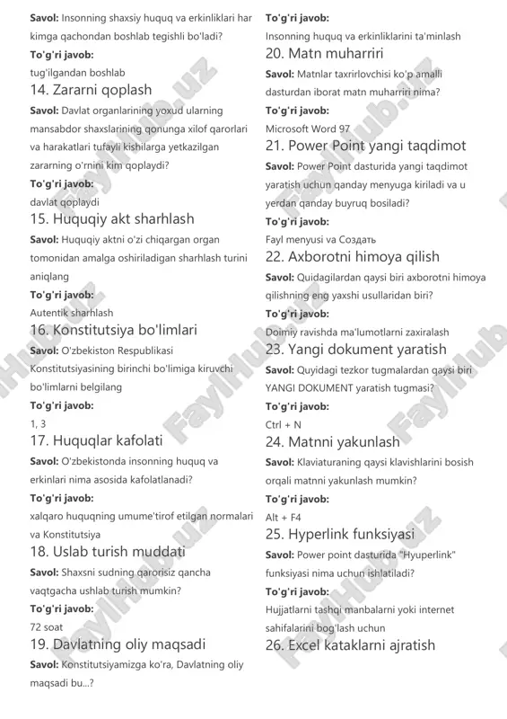 k jamiyati sari 12. rasmiy sharhlash savol: rasmiy sharhlash qanday ko'rinishlarda amalga oshiriladi to'g'ri javob: autentik va legal 13. shaxsiy huquqlar savol: insonning shaxsiy huquq va erkinliklari har kimga qachondan boshlab tegishli bo'ladi? to'g'ri javob: tug'ilgandan boshlab 14. zararni qoplash savol: davlat organlarining yoxud ularning mansabdor shaxslarining qonunga xilof qarorlari va harakatlari tufayli kishilarga yetkazilgan zararning o'rnini kim qoplaydi? to'g'ri javob: davlat qoplaydi 15. huquqiy akt sharhlash savol: huquqiy aktni o'zi chiqargan organ tomonidan amalga oshiriladigan sharhlash turini aniqlang to'g'ri javob: autentik sharhlash 16. konstitutsiya bo'limlari savol: o'zbekiston respublikasi konstitutsiyasining birinchi bo'limiga kiruvchi bo'limlarni belgilang to'g'ri javob: 1, 3 17. huquqlar kafolati savol: o'zbekistonda insonning huquq va erkinlari nima asosida kafolatlanadi? to'g'ri javob: xalqaro huquqning umume'tirof etilgan normalari va konstitutsiya 18. uslab turish muddati savol: shaxsni sudning qarorisiz qancha vaqtgacha ushlab turish mumkin? to'g'ri javob: 72 soat 19. davlatning oliy maqsadi savol: konstitutsiyamizga ko'ra, davlatning oliy maqsadi bu...? to'g'ri javob: …