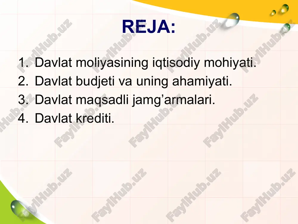 'zgartirishni o'z ichiga oladi davlat moliyasi iqtisodiyotda davlatning rolini o’rganuvchi moliya sohasi hisoblanadi davlat moliyasining tarkibiy qismlari budjet daromadlari budjet xarajatlari davlat budjeti davlat qarzlari moliyaviy boshqaruvi byudjet tuzilishining tarkibibyudjet tuzilishining tarkibi davlat budjeti o‘zbekiston respublikasining davlat budjeti (davlat budjeti) — davlatning davlat vazifalari va funksiyalarini moliyaviy jihatdan ta’minlash uchun mo‘ljallangan markazlashtirilgan pul jamg‘armasi. davlat budjeti-davlat pul mablag’larining (shu jumladan davlat maqsadli jamg’armalari mablag’larining) markazlashtirilgan jamg’armasi bo’lib, unda daromadlar manbalari va ulardan tushumlar miqdori, shuningdek, moliya yili mobaynida aniq maqsadlar uchun ajratiladigan mablag’lar sarfi yo’nalishlari va miqdori nazarda tutiladi. o’zbekiston respublikasining “byudjet tizimi to’g’risida”gi qonuni, 2000 yil 14 dekabr, 3-modda o’zbekiston respublikasining byudjet kodeksi, 2013 yil 26 dekabr, 3-modda davlat budjetining funksiyalari:davlat budjetining funksiyalari:  yaim qiymatini qayta taqsimlash funksiyasi;  iqtisodiyotni tartibga solish va boshqarish funksiyasi;  ijtimoiy funksiyasi;  nazorat funksiyasi. davlat budjeti daromadlaridavlat budjeti daromadlari davlat bilan korxonalar, tashkilotlar, muassasalar va aholi o’rtasidagi davlat markazlashgan pul fondining …
