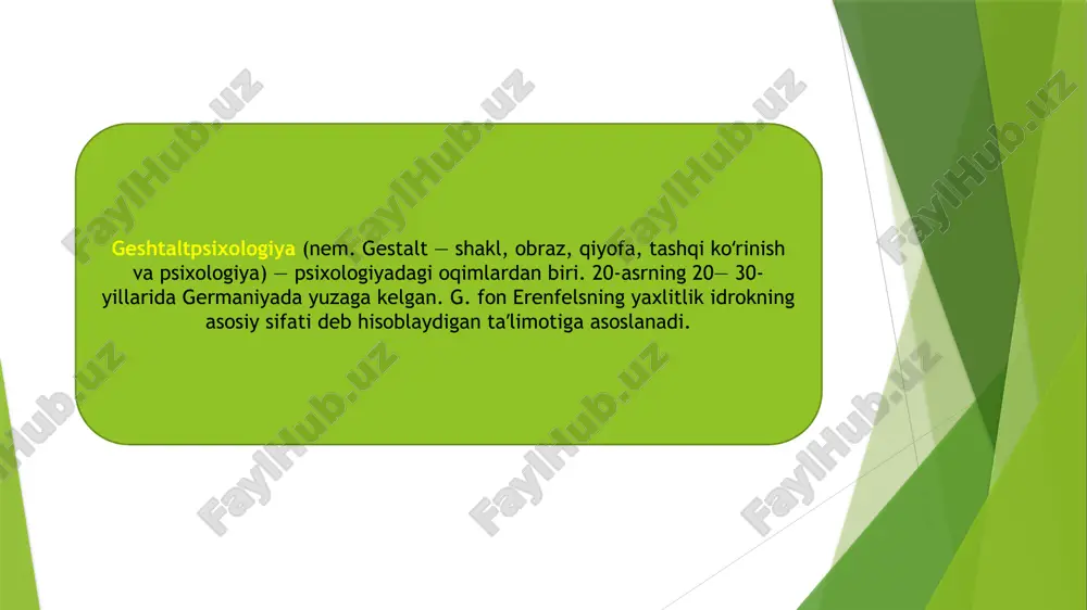 yasining asosiy g'oyalari ong - bu yaxlit va dinamik soha bo'lib, uning barcha nuqtalari bir-biri bilan doimiy o'zaro ta'sirda bo'ladi. yaratilish gestaltlar yordamida tahlil qilinadi. gestalt yaxlit tuzilishdir. gestaltlar ob'ektiv kuzatish va idrok mazmunini tavsiflash orqali o'rganiladi. sensatsiyalar idrokning asosi emas, chunki birinchisi jismoniy mavjud bo'lolmaydi. asosiy psixik jarayon psixikaning rivojlanishini belgilab beruvchi va o'ziga xos qonuniyatlarga bo'ysunadigan vizual idrokdir. tafakkur tajriba asosida shakllanmaydigan jarayondir. tafakkur - bu muayyan muammolarni hal qilish jarayoni bo'lib, u "idrok" orqali amalga oshiriladi. qoidalari: psixologiyaning barcha jarayonlari o'ziga xos tuzilishga, o'ziga xos elementlar majmuasiga ega bo'lgan yaxlit jarayonlar bo'lib, ular doimo ikkinchi darajali bo'ladi. shunga asoslanib, gestalt psixologiyasining predmeti bir-biriga yaqin bo'lgan elementlar bilan to'ldirilgan tuzilishga ega bo'lgan ongdir. idrok doimiylik kabi xususiyatga ega. bu shuni ko'rsatadiki, idrokning doimiyligi - bu ob'ektlar ega bo'lgan ma'lum xususiyatlarning nisbiy o'zgarmasligi (idrok qilish sharoitlarida o'zgarishlar mavjud bo'lganda). masalan, bu yorug'lik yoki rangning doimiyligi bo'lishi mumkin. k. levin …