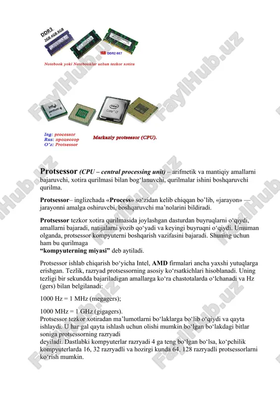 intel, amd firmalari ancha yaxshi yutuqlarga erishgan. tezlik, razryad protsessorning asosiy ko‘rsatkichlari hisoblanadi. uning tezligi bir sekundda bajariladigan amallarga ko‘ra chastotalarda o‘lchanadi va hz (gers) bilan belgilanadi: 1000 hz = 1 mhz (megagers); 1000 mhz = 1 ghz (gigagers). protsessor tezkor xotiradan ma’lumotlarni bo‘laklarga bo‘lib o‘qiydi va qayta ishlaydi. u har gal qayta ishlash uchun olishi mumkin bo‘lgan bo‘lakdagi bitlar soniga protsessorning razryadi deyiladi. dastlabki kompyuterlar razryadi 4 ga teng bo‘lgan bo‘lsa, ko‘pchilik kompyuterlarda 16, 32 razryadli va hozirgi kunda 64, 128 razryadli protsessorlarni ko‘rish mumkin. videokarta– kompyuter xotirasida saqlanayotgan tasvirlarni monitorda tasvirlashga moslashtiruvchi qurilma. tarmoq kartasi – ethernet texnologiyasi asosida lokal kompyuter tarmog‘iga ulanishni ta’minlovchi qurilma. ovoz kartasi – yuqori imkoniyatlar bilan ishlovchi akustik tizim orqali ovozlarni qayta ishlash uchun mo‘ljallangan qurilma. image6.png image7.png image1.jpeg image2.jpeg image3.jpeg image4.jpeg image5.png