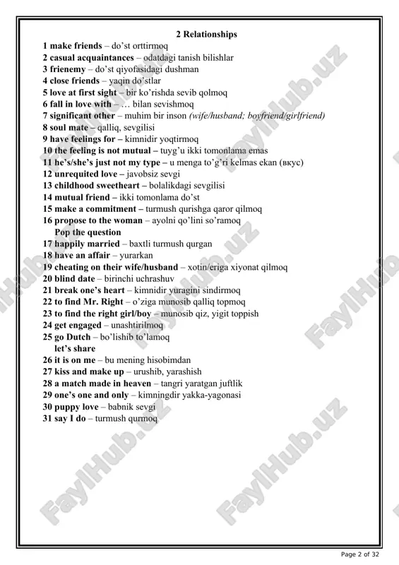 sual acquaintances – odatdagi tanish bilishlar 3 frienemy – do’st qiyofasidagi dushman 4 close friends – yaqin do’stlar 5 love at first sight – bir ko’rishda sevib qolmoq 6 fall in love with – … bilan sevishmoq 7 significant other – muhim bir inson (wife/husband; boyfriend/girlfriend) 8 soul mate – qalliq, sevgilisi 9 have feelings for – kimnidir yoqtirmoq 10 the feeling is not mutual – tuyg’u ikki tomonlama emas 11 he’s/she’s just not my type – u menga to’g’ri kelmas ekan (vkus) 12 unrequited love – javobsiz sevgi 13 childhood sweetheart – bolalikdagi sevgilisi 14 mutual friend – ikki tomonlama do’st 15 make a commitment – turmush qurishga qaror qilmoq 16 propose to the woman – ayolni qo’lini so’ramoq pop the question 17 happily married – baxtli turmush qurgan 18 have an affair – yurarkan 19 cheating on their wife/husband – xotin/eriga xiyonat qilmoq 20 blind date – birinchi …