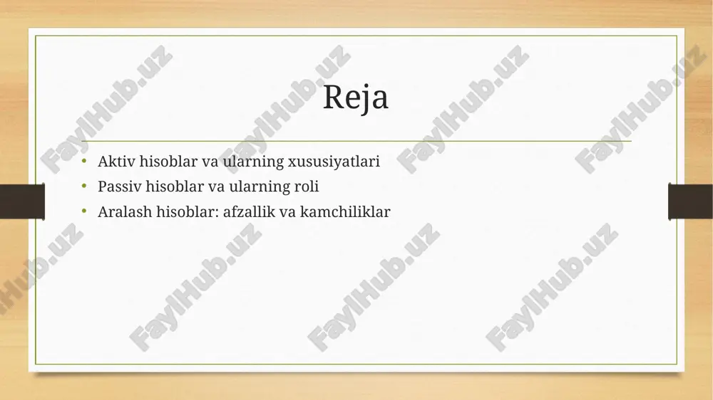 onda, mustaqillikdan so'ng, bu hisoblar yangi uslublar bilan boyitildi. bugungi kunda aktiv hisoblar, raqamli texnologiyalar bilan qo'llanilib, moliyaviy hisobotlarni yanada aniq va tez tayyorlash imkonini beradi. aktiv hisoblar turlari: har xil misollar va ularning xususiyatlari. 1 aktiv hisoblar turlari aktiv hisoblar, asosan, uchta asosiy turga bo'linadi: pul hisoblari, moddiy aktivlar va moliyaviy aktivlar. har biri o'ziga xos xususiyatlarga ega. 2 pul hisoblari pul hisoblari, kompaniyaning naqd pul va bankdagi hisoblari bilan bog'liq. ular likvidlikni ta'minlaydi va biznes operatsiyalarida muhim rol o'ynaydi. 3 moddiy aktivlar moddiy aktivlar, kompaniyaning jismoniy ob'ektlari, masalan, binolar, uskunalar va transport vositalarini o'z ichiga oladi. ular uzoq muddatli investitsiyalardir. 4 moliyaviy aktivlar moliyaviy aktivlar, aksiyalar, obligatsiyalar va boshqa investitsiyalarni anglatadi. ular kompaniyaning daromad olish imkoniyatlarini kengaytiradi va diversifikatsiyani ta'minlaydi. aktiv hisoblar: moliyaviy barqarorlikka ta'siri. 1 aktiv hisoblarning roli - aktiv hisoblar moliyaviy barqarorlikni ta'minlashda muhim ahamiyatga ega, chunki ular tashkilotning aktivlarini va resurslarini aks ettiradi. 2 moliyaviy …