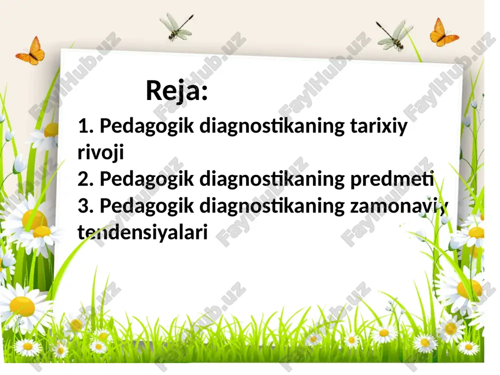 (maievtika) usuli orqali o‘quvchilarning fikrlash darajasini baholashga harakat qilgan. platon va aristotel o‘quvchilarning individualligini hisobga olish zarurligini ta’kidlaganlar. o‘rta asrlar (v–xv asr) bu davrda ta’lim diniy maktablar orqali amalga oshirilgan bo‘lib, diagnostikaga kam e’tibor berilgan. bilim baholash asosan yod olish va eslab qolish asosida olib borilgan. uyg‘onish davri (xv–xvi asr) erasmus va komenskiy singari mutafakkirlar ta’limda individuallikni rivojlantirishga e’tibor qaratgan. komenskiy o‘qitishning ilmiy asoslarini ishlab chiqib, bilimlarni tizimli ravishda baholash muhimligini ta’kidlagan. 2. ilmiy yondashuvning shakllanishi (xvii–xix asrlar) bu davrda ta’limga ilmiy yondashuv shakllana boshladi. jon lokk inson ongini “toza taxta” deb atagan va ta’lim orqali shaxs rivojlanishini baholash mumkinligini ilgari surgan. iogann pestalozzi o‘quvchilarning individualligiga e’tibor qaratib, ta’lim jarayonida kuzatish va tahlil qilish muhimligini ta’kidlagan. herbart ta’lim jarayonining psixologik asoslarini ishlab chiqib, o‘quvchilarning bilimlarini baholashga ilmiy yondashuvni taklif qilgan. bu davrda baholash usullari asosan og‘zaki so‘rov, yozma imtihon va kuzatuvga asoslangan edi. pedagogik diagnostika ta’lim jarayonini tahlil qilish, o‘quvchilarning …