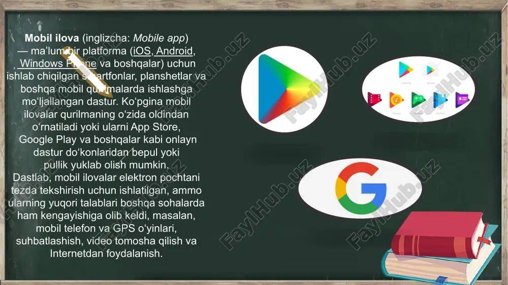 im olish. misollar: duolingo, khan academy. 7. transport va sayohat: avtoulovlarni chaqirish yoki sayohat qilishni rejalashtirish. misollar: uber, google maps. bu ilovalar hayotimizni soddalashtiradi va turli sohalarda samaradorlikni oshiradi. veb-ilovalar: internet orqali foydalaniladigan, brauzerda ishlaydigan ilovalar. mobil ilovalar: smartfonlar va planshetlar uchun mo'ljallangan ilovalar. ushbu ilovalar ios yoki android platformalarida mavjud. desktop ilovalar:kompyuterlarda ishlaydigan dasturlar. ular offline va online rejimda ishlashi mumkin. o'yin ilovalari: o'yin o'ynash uchun mo'ljallangan dasturlar. bu mobil, veb yoki desktop uchun bo'lishi mumkin. mobil dastur yaratish mobil dasturlar turli xil dasturlash tillarida (java; php/javascript; actionscript; swift va objective-c) yoziladi. ilova yaratish jarayonida bir necha bosqichlardan oʻtadi. • birinchi qadam. ilova nima uchun moʻljallanganligini va qanday vazifalarni bajarishini aniqlang. • ikkinchi qadam. muhandislik va dizayn. • uchinchi qadam. ishlab chiqish jarayoni. • toʻrtinchi qadam. sinov. • beshinchi qadam. monitoring. https://uz.wikipedia.org/wiki/java https://uz.wikipedia.org/wiki/php https://uz.wikipedia.org/wiki/javascript https://uz.wikipedia.org/wiki/swift https://uz.wikipedia.org/w/index.php?title=objective-c&action=edit&redlink=1 tibbiy maqsadlarda foydalanish 2016-yilga kelib dunyoda 260 ming tibbiy mobil ilova mavjud edi. …