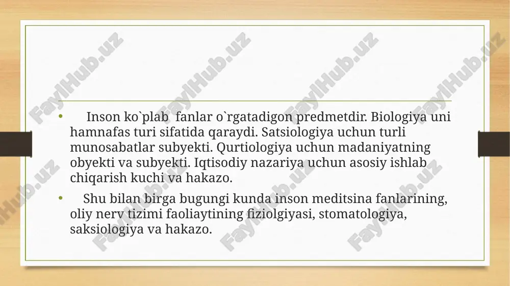 millar ta`sirida yashaydi, ularni o`zlashtiradi shu jarayonda ijtiomoiylashadi shaxs bo`lib shakllanadi. shaxs sifatida inson yaratuvchanlik, o`z-o`zini nazorat qilish, o`z-o`zini tarbiyalash ma`suliyatini his qilish mustahkam e`tiqodga ega bo`lish o`z fikr mulohazalarini erkin bayon qilish xususiyatiga ega bo`ladi. xulosa: biz falsafa fanini o`rganishimizdan asosiy maqsad borliqni bilish hamda inson o`rtasidagi munosabatlarning eng umumiy tamoyillari to`grisidagi ta`limotni o`rganishdir. image3.png image4.png /docprops/thumbnail.jpeg