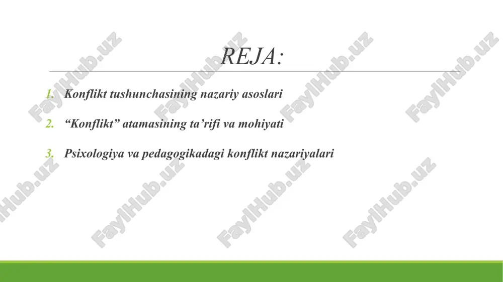 siy sabablari shaxsiy xarakterlar farqi: har bir o‘quvchi o‘z xarakteri, temperamenti va tarbiyasi bilan farqlanadi. o‘zaro raqobat: baholar, o‘qituvchi e’tibori, sportda g‘alaba kabi omillar. ijtimoiy tengsizlik: ba’zi o‘quvchilarning moddiy ahvoli, kiyim-kechagi, gadjetlari boshqalardan farq qilishi. uyda yoki atrof-muhitda yuzaga kelgan stresslar: bunday o‘quvchilar konfliktga tezda kirishadi. yetarli psixologik tarbiyaning yo‘qligi: o‘zini nazorat qilish, murosaga kelish, emotsiyalarni boshqarish ko‘nikmalarining sustligi. o‘quvchilar orasidagi konfliktlar turlari shaxslararo konfliktlar – ikki o‘quvchi o‘rtasidagi kelishmovchilik. guruhlararo konfliktlar – kichik guruhlar o‘rtasidagi raqobat yoki nizo. ichki konfliktlar – o‘quvchining o‘z ichki dunyosida yuz beradigan qarama-qarshiliklar. vertikal konfliktlar – o‘quvchi bilan o‘qituvchi yoki rahbar o‘rtasidagi ziddiyat. konfliktlarning salbiy ta'siri maktabdagi ijtimoiy muhit buziladi o‘quvchilar orasida ishonchsizlik va agressiya kuchayadi o‘quv motivatsiyasi pasayadi bullying (tahqirlash) holatlari paydo bo‘ladi ruhiy bosim ostida qolgan o‘quvchi izolyatsiyalanadi konfliktlarni hal qilish usullari suhbat va ochiq muloqot – taraflar bilan individual suhbat, sabablarni aniqlash. vositachilik (meditatsiya) – o‘qituvchi yoki psixolog vositasida yarashtirish. “ichki …