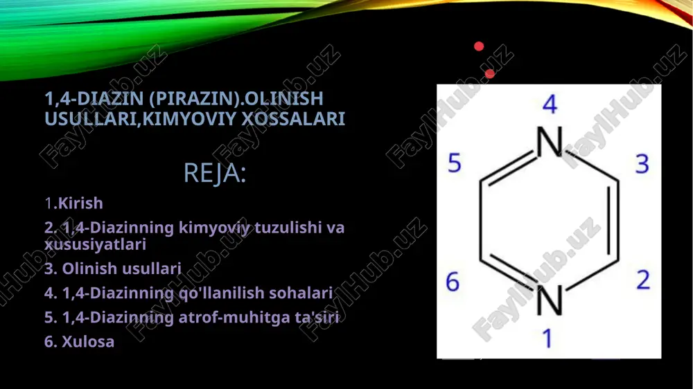 ektron yetishmovchiligi sababli, ba’zi o‘rinbosarlarning chiqib ketishi osonlashadi. • misol: gologenlangan pirazin nukleofil almashinish • r–cl + nu → r–nu + cl⁻ ⁻ • agar diazin halqasi (masalan, cl) bilan o‘rinbosarlangan bo‘lsa, unda kuchli nukleofil (nu , masalan, oh , nh ) ta’sirida gologen o‘rniga yangi guruh o‘rnashishi mumkin.⁻ ⁻ ₂⁻ • bu reaksiya odatda elektron tortuvchi guruhlar (no , cn) bo‘lsa osonroq sodir bo‘ladi.₂ • • 2- yoki 5-pozitsiyada joylashgan galogenlar nukleofil tomonidan oson almashinadi. elektrofill almashinish reaksialari pirazin halqasi benzolga qaraganda elektrofil ta’siriga kamroq moyil, chunki azot atomlari elektron zichligini kamaytiradi. shu sababli, elektrofil almashinish reaksiyalari juda qiyin sodir bo‘ladi. • misol: nitrolash (no guruhini kiritish)₂ pirazin + hno + h so → no -pirazin+ h o₃ ₂ ₄ ₂ ₂ • bu reaksiya juda qiyin kechadi va ko‘pincha katalizator talab qiladi. no guruhi odatda 5-pozitsiyaga joylashadi.₂ • bromlash yoki xlorlash: brom yoki xlor elektrofil ta’sirida faqat kuchli …