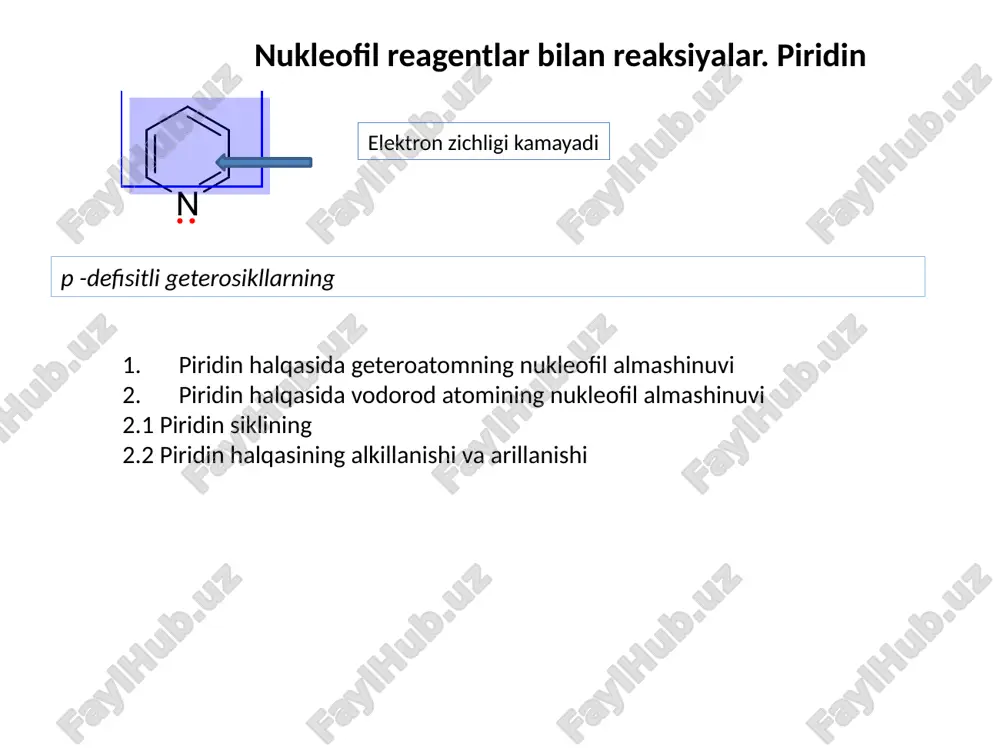 tiloksi- karbonilpirrol o h n t-buo c o oh h n b n h + b h pka 17 n h (t-buoco)2o, dmap mecn, 200c n c ot-buo + o c oh o n n tret-butoksikarbonilnaya gruppa - zashitnaya gruppa t-bu (dmap) = boc almashtirilgan pirrollarning nukleofil reagentlar bilan reaksiyalar. pirol, furan, tiofen n h thf i-prmgcl n mgcl + i-pr-h h3c c o cl n mgcl ch3 c o n h 2-atsilpirrol + mgcl2 buli et2o oo li eti o et + lii buli et2o ss li me3sicl li s sime3me3si 2,5-bis(trimetilsilil)tiofen li-lotinlaridan ko'ra ishlash qulayroq (havoga, suvga chidamli, engil sharoitda reaktiv ) 2-asilpirrol 2,5-bis(trimetilsilil) tiofen qaytaruvchi moddalar bilan reaksiyalar n h2, pt acoh, 200c n h piridin piperidin piridin va uning hosilalari benzolga qaraganda osonroq qaytariladi. h2, pt acoh, 200c pirrol pirrolidin n h n h ni reneya o o furan tetragidrofuran tiofenning qayta tiklanishi katalizatorlarning zaharlanishi bilan …