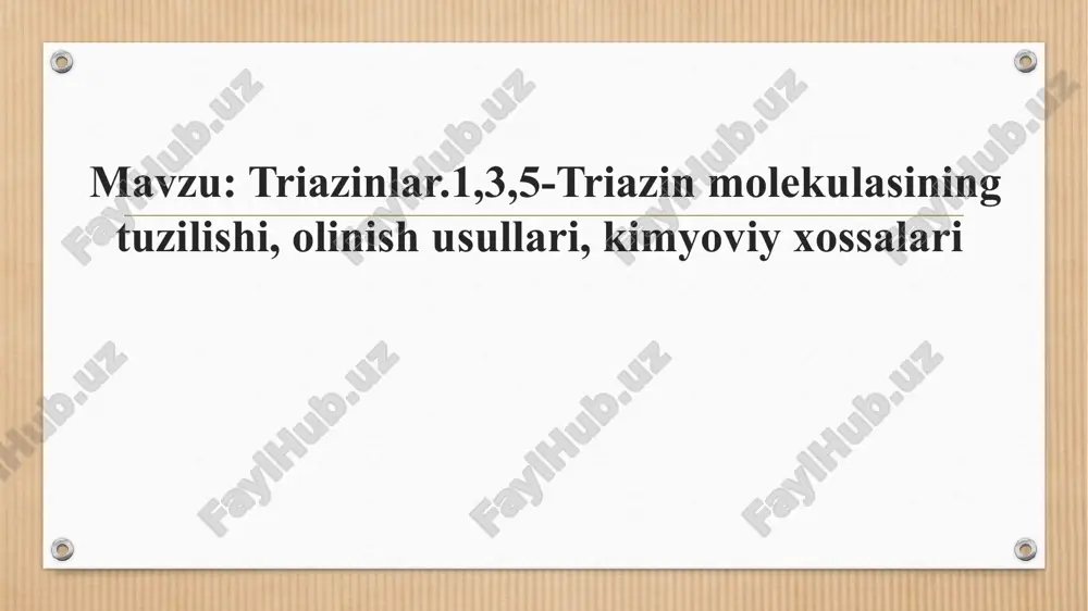 arshi va virusga qarshi faollikni namoyish etadi. • boshqa tomondan, paydo bo'layotgan yuqumli kasalliklar va ko'p dori-darmonlarga chidamli mikrobial patogenlar soni ortib borayotganligi sababli, bakterial infektsiyalarni davolash qiyin terapevtik muammo bo'lib qolmoqda. • ko'p dori-darmonlarga chidamli bakterial shtamblar ko'payib borayotganligi sababli, samarali terapiya zarurati mikroblarga qarshi yangi molekulalarni loyihalash va sintez qilish bo'yicha tadqiqotlarni olib borilmoqda. • polimerlar va materiallar kimyosi • plastmassalar: triazin hosilalari polimerlar ishlab chiqarishda ishlatiladi, jumladan, yuqori haroratga chidamli materiallar sintezida. • bo‘yoqlar va pigmentlar: 1,3,5-triazin hosilalaridan bo‘yoq va pigmentlar tayyorlashda foydalaniladi. •qishloq xo‘jaligi va agroximiya • gerbitsidlar: 1,3,5-triazinlar asosida ishlab chiqilgan atrazin va simazin kabi moddalar begona o'tlarga qarshi samarali vositalardir. • pestitsidlar: hasharotlarga qarshi kimyoviy vositalar sifatida ham foydalaniladi. slide 1 mavzu: triazinlar.1,3,5-triazin molekulasining tuzilishi, olini reja 1. 1.3.5-triazin molekulasining tuzilishi 2. oli triazinlar - bu olti atomli geterosiklik birikmalar bo'lib, ula 1,3,5-triazin (simm-triazin) molekulasining tuzilishi va xususi slide 6 slide 7 slide 8 …