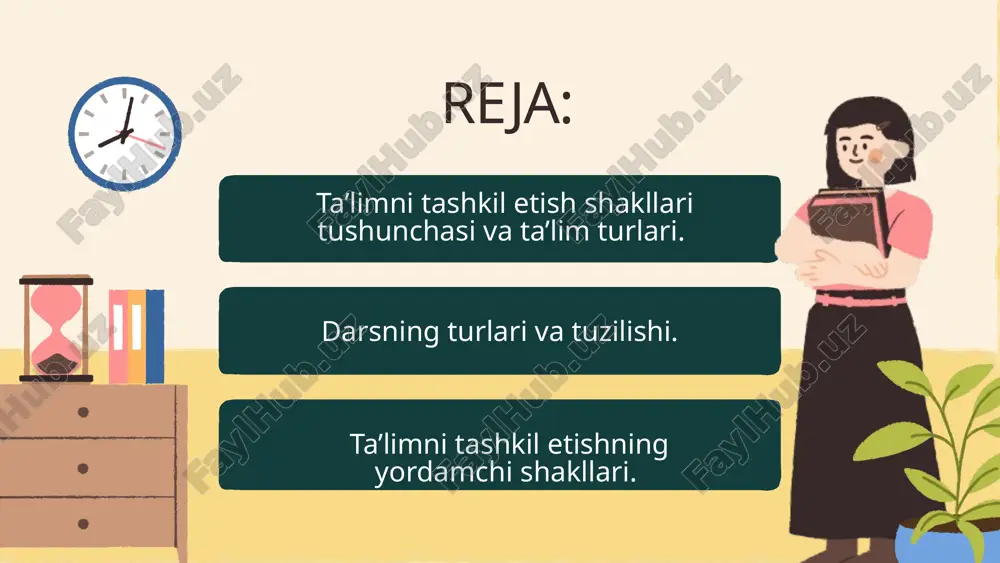 ssasasining mulkiy mansubligidan qat’iy nazar quyidagi xususiyatlarga ega bo’lishi lozim: ta’limning tarbiyaviy maqsadlarga bo’ysundirilganligi; o’quvchini komil shaxs sifatida shakllantirishga yo’naltirilganligi; ilmiyligi va izchilligi; mustaqilligini ta’minlashga qaratilganligi; amaliy ahamiyatga egaligi va hokazo. amerikalik o’qituvchi va nashriyotchi william chandler bagley “ta’lim jarayoni” kitobida dars turlarini quyidagicha bayon etadi: 1.rivojlantirish darslari; 2.o’rganish darslari; 3.so’rov darslari; 4.mashg’ulot darslari; 5.takrorlash, ya’ni qayta ko’rib chiqish darslari; 6.imtixon (tekshiruv) darslari. hozirgi kunda ularda uchtasi, ya’ni rivojlantirish darslari, mashg’ulot darslari va takrorlash darslari keng qo’llaniladi.rivojlantiruvchi darslar maqsadi shundan iboratki, undayangi mavzu tushuntiriladi va yangi mavzu mustahkamlanadi. ushbu dars turida aniq faktlarga asoslangan ilmiy ma’lumotlar berib boriladi. rivojlantirish darslari 2 turga ajaratiladi:induktiv rivojlantirish darslari;deduktiv rivojlantirish darslari; rivojlantirish darslarini olib borish bosqichlari: 1.tayyorgarlik –bilim va motivatsion tomonlarni o’z ichiga oladi. 2.taqdimot –bu jarayonda o’qituvchi savollar hamda o’quv qo’llanmalari asosida, o’quvchilarni ko’rib va eshitib tahlil qiliosh, solishtirish, qiyoslash, kuzatiwsh, hukm qilish kabi yo’nalishlarga yo’naltiradi. 3.tatbiq etish –test.ushbu orqali mavzu o’zlashtirilganini bilib …