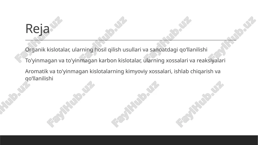 atdagi qo‘llanilishi: plastmassa, tibbiyot va kimyo sanoatidagi roli 1 asosiy rol organik kislotalarning sanoatdagi qo‘llanilishi juda keng bo‘lib, ular plastmassa ishlab chiqarish, tibbiyotda va kimyo sanoatida muhim rol o‘ynaydi. 2 plastmassa sanoati ftal angidrid va fenolftalein kabi moddalar, ftal kislotalar va ularning efirlari, shuningdek, polietiltereftal smola ishlab chiqarishda asosiy xomashyo hisoblanadi. 3 tibbiyotda aspiridin, fenolftalein va "purgen" nomli reagentlar, shuningdek, turli antiseptik va diagnostik vositalarda keng qo‘llaniladi, ularning sifatini oshiradi. organik kislotalar va ularning hosil qilish usullari: biologik jarayonlar va sanoatdagi innovatsiyalar 1 organik kislotalar va hosil qilish usullari - bu slide organik kislotalarning biologik jarayonlar va sanoatdagi innovatsion usullar bilan qanday ishlab chiqarilishini o'rganadi. olingan mahsulotlar va usullar keng qamrovda tahlil qilinadi. 2 biologik jarayonlar - organik kislotalar, masalan, yurtimizda o'simliklar va mikroorganizmlar yordamida tabiiy ravishda hosil bo'ladi. masalan, olma kislotasi va boshqa tabiiy kislotalar, mikroblar va fermentlar yordamida sintezlanadi. 3 sanoat innovatsiyalari - sanoatda aromatik va to'yinmagan karbon …