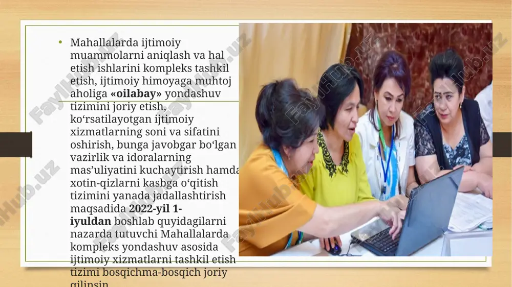 ez-ortopediya buyumlariga va shu kabi boshqa ijtimoiy xizmatlarga oilalarning ehtiyoji bo‘yicha tavsiyalar va buyurtmalar berish; ijtimoiy himoyaga mas’ul barcha idoralar tomonidan ijtimoiy xizmatlar ko‘rsatilishi ustidan monitoring olib borish; mahallalarda kompleks yondashuv tizimi asosida ijtimoiy xizmatlarni joriy qilishni muvofiqlashtirish bo‘yicha respublika shtabi (keyingi o‘rinlarda — muvofiqlashtirish shtabi) 1-ilovaga muvofiq tashkil etilsin va unga ijtimoiy himoyaga muhtoj oilalarni qo‘llab-quvvatlash borasida quyidagi vazifalar yuklatilgan: e’tiborli tomoni, davlatning alohida ko‘magiga muhtoj “og‘ir” toifadagi yoshlar bilan ishlash bo‘yicha 2023 yilda har bir mahallada yoshlarning balansi shakllantirilib, bu orqali 9 million nafar yoshlar 3 toifaga ajratildi va ular bilan individual ishlash tizimi joriy etildi. mamlakatimizda ertangi kunimiz egalari — yoshlarning doim izlanish va intilishda bo‘lishlarini qo‘llab-quvvatlash, ularga barcha sohalarda o‘z iqtidori va salohiyatini to‘liq namoyon etishi uchun zarur sharoit hamda imkoniyatlar yaratib berish davlat siyosatining ustuvor yo‘nalishi sanaladi. shu nuqtai nazardan, so‘nggi yetti yilda yurtimizda yoshlarga muammo emas, rivojlanishning asosiy drayveri, ijtimoiy-iqtisodiy taraqqiyotning faol ishtirokchisi, yangi …