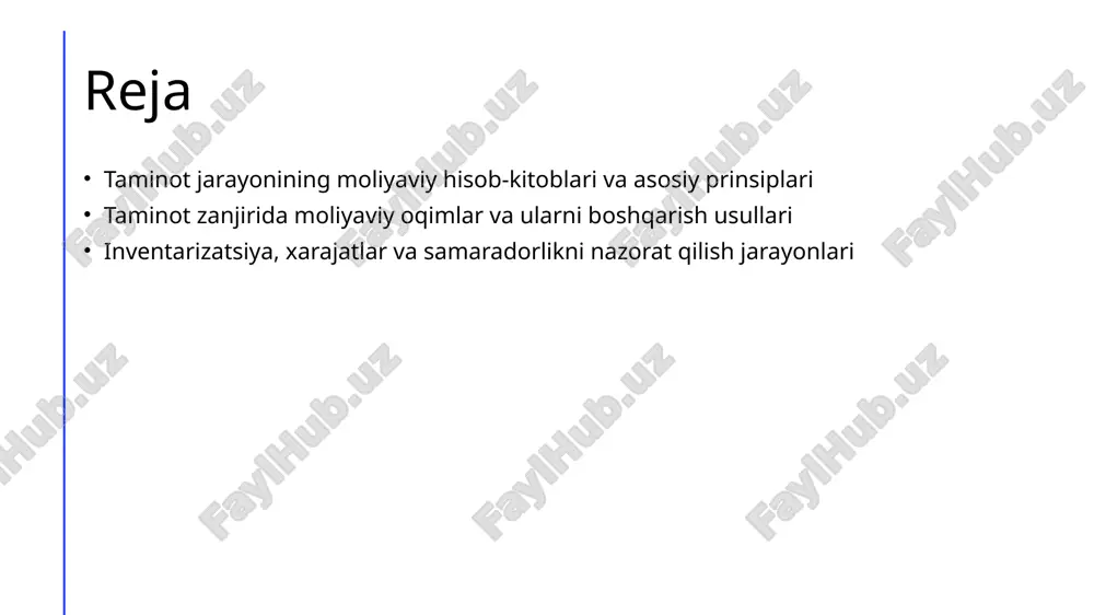 moliyaviy oqimlarni nazorat qilishni osonlashtiradi. bu, jarayonlarni tezlashtirish va xatoliklarni kamaytirishga yordam beradi. inventarizatsiya va xarajatlarni moliyaviy nazorat qilishning muhim tamoyillari 1 inventarizatsiya jarayonlari inventarizatsiya moliyaviy nazoratda aniq va ishonchli ma'lumotlarni taqdim etadi. bu jarayon asosiy resurslarning holatini va mavjudligini aniqlash uchun muhimdir. 2 xarajatlarni nazorat qilish xarajatlarni nazorat qilish orqali kompaniya moliyaviy barqarorligini ta'minlaydi. bu usul yordamida ortiqcha xarajatlar va resurslar oqilona boshqariladi. 3 texnologik yondashuvlar zamonaviy texnologiyalar yordamida inventarizatsiya va xarajatlarni nazorat qilish samaradorligi oshadi. elektron tizimlar ma'lumotlarni tez va to'g'ri kiritish imkonini beradi. taminot jarayonida moliyaviy hisobotlarni shakllantirish va tahlil qilish usullari 1 hisobot shakllantirish jarayoni taminot jarayonida moliyaviy hisobotlar yordamida xarajatlar, daromadlar va inventarizatsiya holati aniq tahlil qilinadi, bu esa qaror qabul qilishda asos bo’ladi. 2 ma'lumotlarni tahlil qilish usullari statistika, kiritish-chiqish hisobotlari va moliyaviy ko‘rsatkichlar yordamida moliyaviy holat va jarayonlarning samaradorligi o‘rganiladi. 3 zamonaviy texnologiyalar avtomatlashtirilgan dasturlar va erp tizimlari orqali hisobotlar shakllantirish va tahlil …