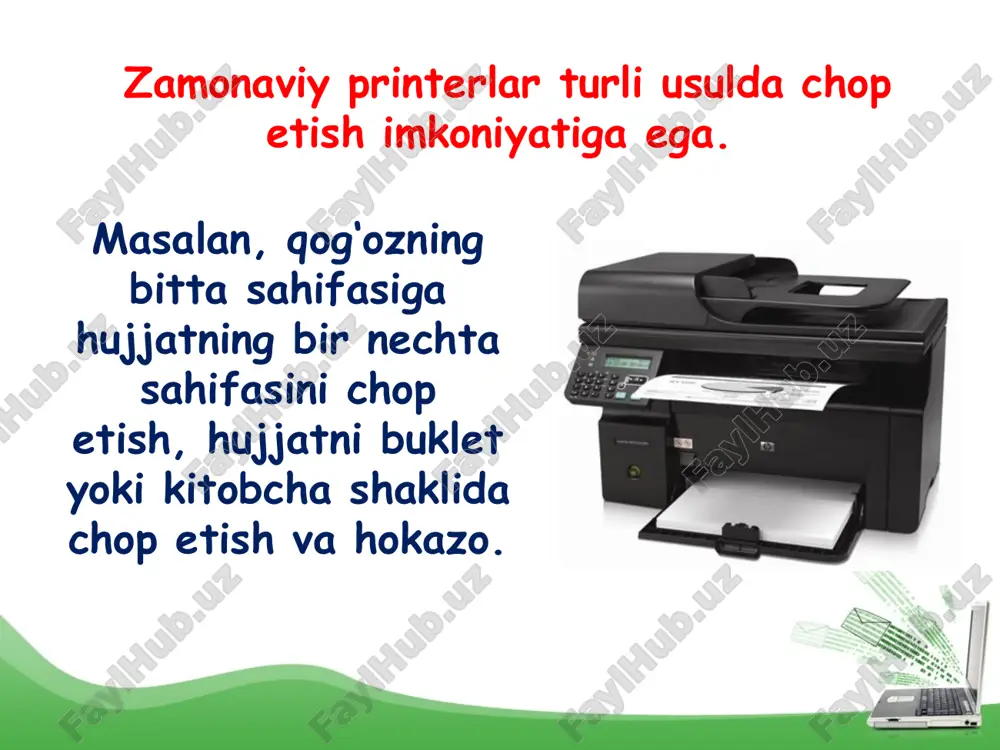 tuman xususiyatlarga ega bo‘lib, quyida biz ularning hujjatni kitobcha shaklida chop etish xususiyati bilan tanishamiz. ta’kidlash joizki, hamma printerlar ham bunday xususiyatga ega emas. shu sababli kitobcha shaklida chop etish xususiyatini «hp laserjet 1300» rusumli printer misolida ko‘ramiz. mazkur printerning xususiyatlari lavhasi quyidagi rasmda keltirilgan. undagi hujjat parametrlari (parametri dokumenta) bandidan ikkala tomoniga chop etish (pechat na oboix storonax) ko‘rsatmasi tanlanadi. avval hujjatning bir qismi (yarmi) qog‘ozning bir tarafiga chop etiladi. chop etib bo‘lingan qog‘oz varaqlarini tekislab, ikkiga buklasangiz kitobcha hosil bo‘ladi. chop etilgan qog‘ozlar tartibini buzmagan holda yana printerga joylansa, hujjatning qolgan qismi qog‘ozning orqa tomoniga chop etiladi. hujjatni kitobcha shaklida chop etishda ehtiyojga qarab, o‘ng tomondan yoki yuqoridan muqovalash ham mumkin. buning uchun buklet maketida tegishli ko‘rsatma tanlanadi. savol va topshiriqlar 1. qaysi tugma yordamida hujjatni chop etish mumkin? 2. hujjatning joriy sahifasini chop etish qanday amalga oshiriladi? 3. hujjatning ketma-ket kelmagan bir nechta sahifasini bir yo‘la chop …