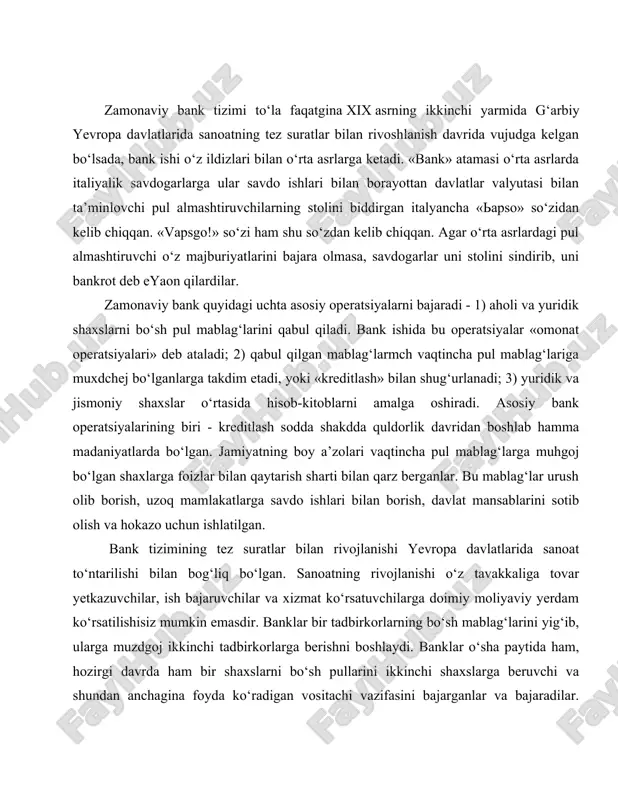 xslarni bo‘sh pullarini ikkinchi shaxslarga beruvchi va shundan anchagina foyda ko‘radigan vositachi vazifasini bajarganlar va bajaradilar. keyinchalik banklar qimmatli qog‘ozlar bilan operatsiyalarni faol ravishda bajarishga o‘tadilar. xx asr o‘rtasida xalqaro iqtisodiy munosabatlarni umumiy internatsionalizatsiyalanishi boshlanganda va bitga mamlakat doirasida rivojlanish mumkin emasligi ma’lum bo‘lganda, tijorat banklar valyuta bozorlarida o‘z operatsiyalarini faollashtirishadi. xalqaro hisob-kitoblar, milliy iqtisodlarga chet el investitsiyalari kirib kelishi, xalqaro kimmatli qogozlar bozorlari tez suratda rivojlana boshlaydi. zamonaviy bank tizimi yetakchi mamlakatlarda tijorat banklari boshiga qo‘yilgan markaziy (bosh) davlat banklari paydo bo‘lishidan keyin to‘la shakillanadi. bu banklarga pul birliklarini bosib chiqish, kompaniyalar va tadbirkorlar o‘rtasida hisob-kitoblarni tashkil qilish, mamlakatning oltin va valyuta zaxiralarini boshqarish, aholini tijorat banklar rahbarlarining suyiste’mol va noto‘g‘ri harakatlaridan himoya qilish maqsadida tijorat banklar ustidan nazorat olib borish kabi favqulodda huquqla beriladi. chor rossiyasigacha bo‘lgan markaziy osiyoda buyuk ipak yo‘li faoliyat ko‘rsatgan davrida ham g‘arbiy (italiya, fransiya, polsha, angliya) va ham shaprqiy (xitoy, xindiston, yaponiya) mamlakalari …