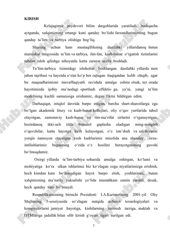 axborot texnologiyalari va kompyuterlarni jamiyat hayotiga, kishilarning turmush tarziga, maktab va otmlariga jadallik bilan olib kirish g‘oyasi ilgari surilgan edi. prezident i.karimov tashabbusi bilan vazirlar mahkamasining 2001-yil 23-maydadagi 230-sonli «2001-2005-yillarda kompyuter va axborot texnologiyalarini rivojlantirish», shuningdek, «internet»ning xalqaro axborot tizimlariga keng kirib borishini ta’minlash dasturini ishlab chiqishni tashkil etish chora-tadbirlari to‘g‘risida»gi qarorlari qabul qilindi. respublikamizning prezidenti sh.m. mirziyoyevning 2020-yil yanvar oyida olimlar, ilmiy-tadqiqot muassasalari rahbarlari va ishlab chiqarish sektori vakillari bilan uchrashuvida “yoshlarda matematika faniga qiziqishni kuchaytirish, iqtidorli bolalarni seleksiya qilib, ixtisoslashtirilgan maktablar va keyinchalik oliy ta’lim muassasalariga qamrab olish ishlarini to‘g‘ri tashkil qilish kerakligi ta’kidlandi. matematika fani bo‘yicha o‘quvchi, talaba va o‘qituvchilar o‘rtasida turli tanlovlar o‘tkazib, g‘oliblarni munosib rag‘batlantirish, olimpiada tizimini takomillashtirgan holda sovrindorlarga beriladigan mukofotlarni ko‘paytirish muhimligi qayd etildi. yuqori malakali pedagoglar va ilmiy darajali kadrlar tayyorlash tizimi samarasini oshirish, matematika institutida ilmiy daraja beruvchi kengashga to‘liq mustaqillik berish lozimligi ko‘rsatib o‘tildi kurs ishining dolzarbligi. yoshlarga ta’lim va …