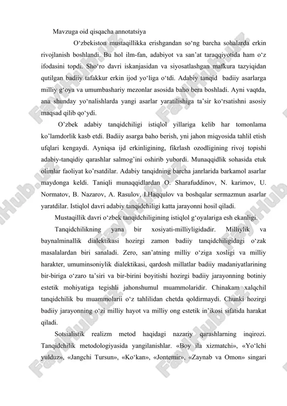 tanqidchilik bu muammolarii o‘z tahlilidan chetda qoldirmaydi. chunki hozirgi badiiy jarayonning o‘zi milliy hayot va milliy ong estetik in’ikosi sifatida harakat qiladi. sotsialistik realizm metod haqidagi nazariy qarashlarning inqirozi. tanqidchilik metodologiyasida yangilanishlar. «boy ila xizmatchi», «yo‘lchi yulduz», «jangchi tursun», «ko‘kan», «jontemir», «zaynab va omon» singari asarlarga xolis yondashuv. «sarob» romani haqidagi bahs. hamza, a.qodiriy, cho‘lpon, fitratlarning yangicha talqini, baholanishi. badiiy asarni baholashda mafkuraviylik, sinfiylik, partiyaviylik, soxta xalqchilik prinsiplaridan voz kechilishi. tanqidchilik uchun metodologik asos bo‘lib kelgan eski ta’limotga oid prinsiplar o‘rnini umumbashariy xolis meyorlar egallay boshlashi. bu meyorlarning o‘z qadriyatlarimiz asosidagi milliy mezonlar bilan boyitilishi. qur’on motivlari, hadis talqinlari zamiridagi hamda amir temur shaxsi yoritilgan, o‘tmishimiz, tariximizni badiiy aks ettirgan asarlarga munosabatda o‘zbek tanqidchiligi bashariy meyorlar bilan bir qatorda o‘zining mustaqil mezonlarini ham o‘rtaga qo‘yishi. mustaqidlik davri o‘zbkek tanqidchiligining istiqlol g‘oyalariga esh ekanligi. badiiy asarga biografik, tarixiy-funksional, ontologik, genetik yondashuvning kuchayishi. biografik metodning tanqidchilikda keng qo‘llanilishi. germenevtik, izox, sharx, talqin …