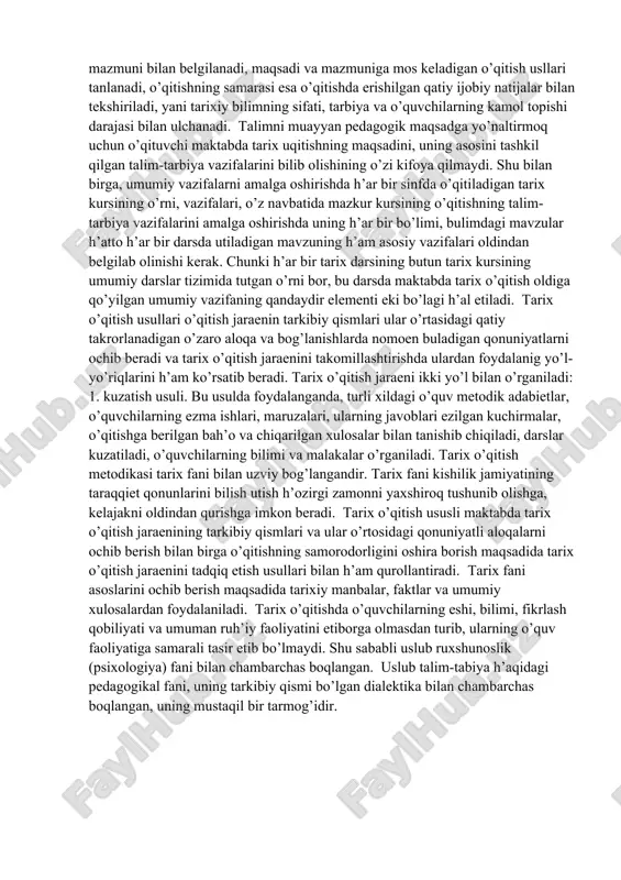 uv materiali; uning asl mazmunini umumlashtirishi uquvchilarning tarixiy materiallari uzlashtirish va olgan bilimlarini foydalana bilish soh’asidagi o’quv usullari, kunikma va malaqalar sistemaisni egallashlari kuzda tutiladi. tarix o’qitishni tashkil deganda, tarixni o’qitish va o’quvchilarning uni urganishni tashkil qilish, ularning urganish faoliyatini o’qituvchining boshqarishiga erdam beradigan usullar, o’quvchilardagi mavjud bilimlarini ishga solish va ularni ijodiy bilishga junaltiradigan topshiriqlar tizimi h’amda talimning turli xil formalari dars, amaliy mashg’ulotlari tushuniladi., tarix o’qitishning maqsad va vazifalarini, mazmunini muvaffaqiyatli ravishda amalga oshirilishi; o’quvchilarning tarix fan asoslarini tarixiy materilga mos samorali metodlarni bilish va bilimlardan foydalana bilish malakalarini puxta uzlashtirishlari, shu assoda yangi jamiyat kishisining zaruriy sifatlarni tabiyalash o’quvchilarning tarixiy tafakkurini, tasavvuri va nutqini, maxsus va umumiy qobiliyatlarini ustirish kuzda tutiladi. demak, o’qitishning maqsadi uning mazmuni bilan belgilanadi, maqsadi va mazmuniga mos keladigan o’qitish usllari tanlanadi, o’qitishning samarasi esa o’qitishda erishilgan qatiy ijobiy natijalar bilan tekshiriladi, yani tarixiy bilimning sifati, tarbiya va o’quvchilarning kamol topishi darajasi bilan …