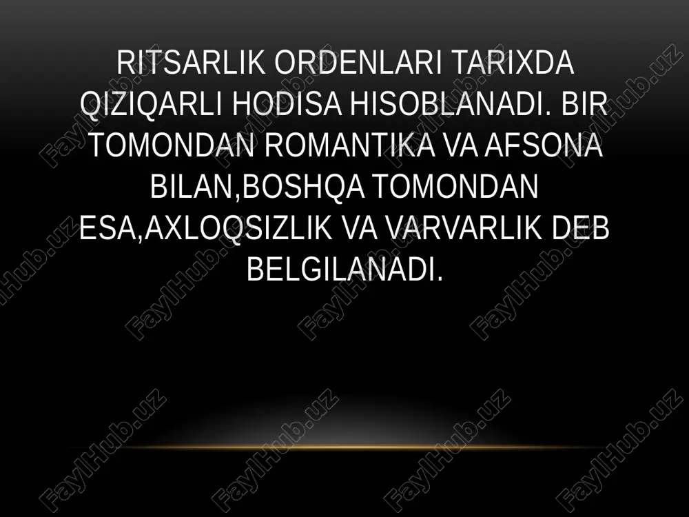 hi oqibatida “tevton” nomi o’rniga “pruss” ordeni degan nom olib, boltiqbo’yida ancha baquvvat davlatga aylandi va keyinchalik polsha davlatiga jiddiy xavf tug’dira boshladi. gospitalyerlar ordeni. gospitalyer so’zining dastlabki 1-ma’nosi “beva-bechoralarni qabul qiluvchi uy” bo’lgan. 1070- yilda falastinda amalfilik monro tomonidan muqaddas joylarga kelayotganlar uchun gospital tashkil qilingan. keyinchalik u yerda kasal va yaradorlarni qabul qilish uchun “birodarlik jamiyati” tuzilgan. u mustahkamlanib, yetarli darajada qudratga ega bo’lib,1113-yilda papa tomonidan diniy ritsarlik ordeni sifatida talqin qilingan. ritsarlar 3 odatni maqsad qilishgan: 1-qashshoqlik, 2- kamolotga erishish, 3-itoatkor bo’lish. ordenning ramziy belgisi sifatida sakkiz qirrali oq krest talqin qilingan.dastlab u mantiyaning chap yelkasida bo’lgan. mantiya bu-ustki kiyim hisoblanadi. mantiyaning yengi juda tor bo’lgan. bu mantiya kiygan xodimning mustaqil emasligini bildiruvchi ramzdir. keyinroq ritsarlar o’rtasida xoch tasviri bo’lgan qizil libosda yuradigan bo’lishdi. ordenda uchta toifa bo’lgan:ritsarlar,kapellanlar va xizmatchi birodarlar. 1555-yilda raymon de pyui bosh magistr lavozimini egallaydi.juda muhim qarorlarni qabul qilish uchun kapitul yig’ilishi o’tkazilgan.kapitulning …