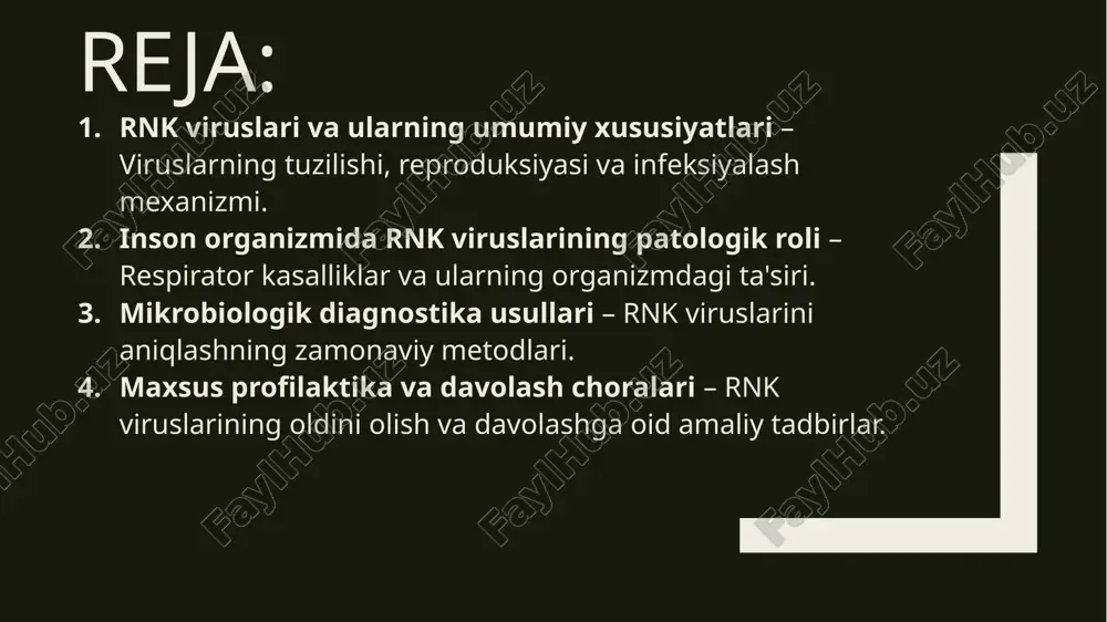 jayraning ribosomalariga ulanib, yangi virus oqsillari va rnk ishlab chiqarishni boshlaydi. bu jarayonning oxirida yangi virus zarralari hosil bo'lib, yangi hujayralarga tarqaladi, shu bilan kasallikning keng tarqalishiga olib keladi. rnk viruslari, o'zlarining genetik materialini ribonuklein kislota (rnk) shaklida saqlaydi. ular bir nechta turdagi bo'lishi mumkin, jumladan, single-stranded rnk (ssrna) va double-stranded rnk (dsrna). ushbu viruslar o'zlarining genetik materialini hujayra ichida replikatsiya qilish uchun qo'llaniladigan mexanizmga ega. rnk viruslarining asosiy xususiyati, ularning genetik materialining o'zgaruvchanligi yuqori bo'lishi, bu esa mutatsiyalar va yangi shtammlar paydo bo'lishiga olib keladi. viruslar odam hujayrasiga kirgach, o'z rnk materialini hujayra ichida o'qish uchun foydalanadi. bu rnk, avval hujayra ribosomalariga bog'lanib, yangi virus proteinlarini sintez qilishga yordam beradi. keyinchalik, yangi virus zarralari hosil bo'ladi va ular hujayrani tark etib, boshqa hujayralarni zararlay boshlaydi. bu jarayon kasallikning tarqalishiga olib keladi va organizmda infeksiya boshlanadi. inson organizmida rnk viruslarining patologik roli – respirator kasalliklar va ularning organizmdagi ta'siri. inson …