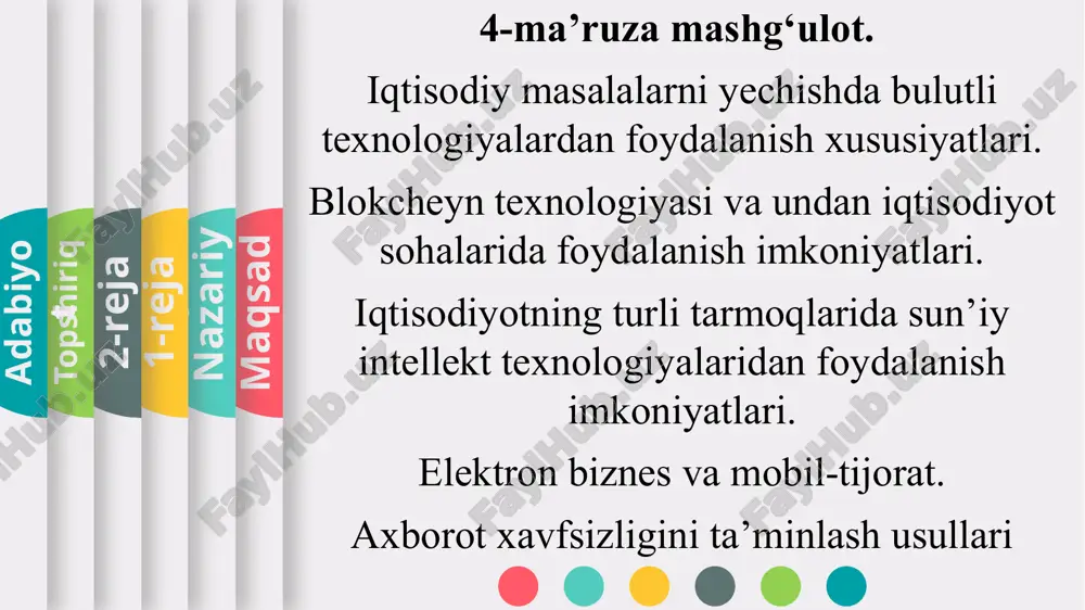 ik darajasi, bulutda qayta ishlangan ma'lumotlar turlari va boshqalar kabi bir qator omillarga bog'liq. quyidagi turlar ajralib turadi: ommaviy bulut bulut texnologiyasining eng keng tarqalgan turi hisoblanadi. bunday holda, hisoblash quvvati va xizmatlari internet orqali ommaviy ravishda taqdim etiladi, bu foydalanuvchilarga infratuzilma va boshqaruvni tejash imkonini beradi. shaxsiy bulut - bu kompaniya ichida ishlatiladigan va uning it bo'limi tomonidan boshqariladigan bulut. bu tashkilot ichidagi jismonan ajratilgan uskunalar yoki provayder tomonidan boshqariladigan, lekin faqat bitta kompaniya tomonidan ishlatiladigan bulut bo'lishi mumkin. gibrid bulut - bu umumiy va shaxsiy bulutlarning kombinatsiyasi. bunday holda, kompaniyalar sezgir bo'lmagan ma'lumotlar uchun ommaviy bulut xizmatlaridan foydalanishlari mumkin va yanada nozik ma'lumotlar uchun xavfsizlik darajasi yuqori bo'lgan shaxsiy bulutdan foydalanishlari mumkin. gibrid bulut kompaniyalarga infratuzilma va boshqaruv xarajatlarini kamaytirish va muhim ma'lumotlar ustidan nazoratni saqlab qolish imkonini beradi. sun'iy intellekt tizimlarining ishlash tamoyillari sun'iy intellekt - kompyuter tizimlarining idrok etish, o'rganish, rejalashtirish, nutqni aniqlash va naqshni aniqlash …