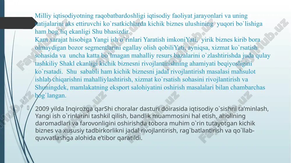 fuqarolar (alohida fuqarolar) tomonidan o`zlarining tavakkalchiliklari va mulkiy javobgarliklari ostida, shaxsiy daromad (foyda) olish maqsadida amaldagi qonunchilik doirasida amalga oshiriladigan tashabbuskor xo`jalik faoliyatidir kichik korxonalar – mustaqil xo`jalik faoliyatini olib boruvchi, o`z balansiga ega bo`lgan, soliqlar va boshqa to`lovlarni to`lagandan so`ng qolgan foydasini o`zi taqsimlaydigan korxona. mikrofirma – kichik biznes korxonasining bir turi. mamlakatimizda sanoat ishlab chiqarishning tarmoqlarida 20 kishigacha, xizmat ko`rsatish sohasida 10 kishigacha, savdo va umumiy ovqatlanish sohasida 5 kishigacha ishlovchi korxonalar mikrofirma hisoblanadi amalga oshirilgan chora-tadbirlar natijasida kichik biznes sub’ektlari yalpi ichki mahsulotdagi ulushi 2011 yilda 54 foizdan oshdi. holbuki, 2000 yilda bu ko`rsatkich 31 foizni tashkil etgan edi. bunday natija birinchi navbatda kichik biznes va xususiy tadbirkorlik davlat tomonidan doimiy qo`llab-quvvatlanayotgani samarasidir 54 44 2011 2010 52,58 54 2009 40,1 o`zbekistonda kichik biznesning iqtisodiyot asosiy tarmoqlarida ishlab chiqarilgan mahsulot (ish, xizmat)lar hajmidagi ulushi, foizda ko`rsatkichlar 2008 yil 2009 yil sanoat 13,9 16,9 qishloq xo`jaligi 97,8 97,9 …