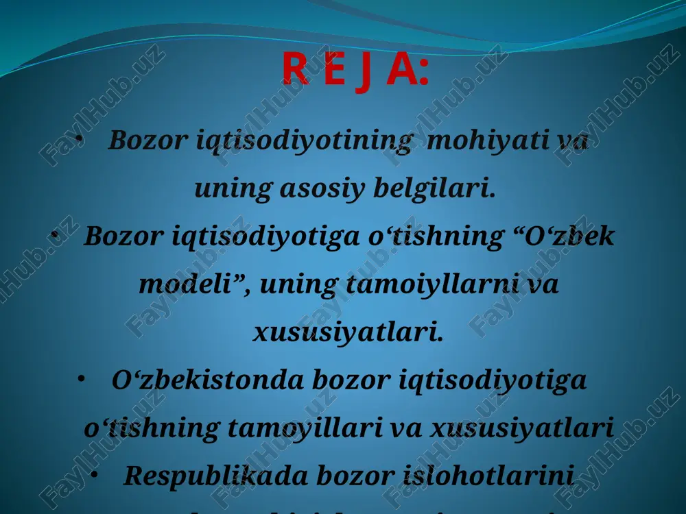 ad qilib qo‘ymagan, asosan iqtisodiyotni tartibga solish vazifasini amalga oshiradigan, har xil byudjet tashkilotlari va muassasalari sifatida namoyon bo‘ladi.  bank – iqtisodiyotning me’yorda amal qilishi uchun zarur bo‘lgan pul massasi harakatini tartibga soluvchi moliya- kredit muassasasi. bozor iqtisodiyotini tartibga solish mexanizmi taklif raqobat narx talab bozor iqtisodiyotiga o‘tish davrining umumiy mazmuni iqtisodiy munosabatlarning alohida unsurlarini isloh qilish yoki iqtisodiy siyosatga tuzatishlar kiritish emas, balki butun iqtisodiy munosabatlar tizimini o‘zgartirishdan iboratdir. bozor iqtisodiyotiga o‘tish davri – ma’muriy- buyruqbozlik tizimini bartaraf etish yoki tubdan o‘zgartirish hamda bozor tizimining asoslarini shakllantirish jarayonlari amalga oshiriluvchi tarixiy davrdir.  1980-1990 yillarga kelib dunyoda ro‘y bergan muhim o‘zgarishlar iqtisodiy taraqqiyot istiqbollari to‘g‘risidagi nazariyalarni qaytadan ko‘rib chiqish va ularga jiddiy o‘zgartirishlar kiritishni zarur qilib qo‘ydi. chunki, bu vaqtga kelib g‘arbiy mamlakatlarda uzoq vaqtdan beri (a.smit davridan boshlab) hukm surib kelgan erkin iqtisodiy tartibga solish, ya’ni iqtisodiyotning o‘zini-o‘zi tartibga solish g‘oyasi ham, iqtisodiyotni markazlashtirilgan tarzda tartibga solish …