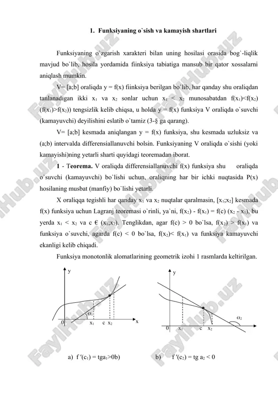 ha x€(x0-5; x0) u (x0;x0+δ) nuqtalar uchun f(x) f(x0)) tengsizlik o`rinli bo`lsa, x0 f(x) funksiyaning qat`iy maksimum (minimum) nuqtasi deyiladi. (2 a - rasm). agarda har bir x€(x0-5;x0) u (x0;x0+δ) uchun f(x) fl;x0)) tengsizlik bajarilsa, u holda x0 f(x) funksiyaning noqat`iy maksimum (minimum) nuqtasi deyiladi (2 b - rasm). funksiyaning qat`iy va noqat`iy maksimum va minimum nuqtalariga, uning lokal (mahalliy) xarakterdagi ekstremum nuqtalari deyiladi. agar x0 f(x) funksiyaning maksimum nuqtasi bo`lsa, u holda x0 nuqtaning qaralayotgan 6 atrofida δf(x0) = f(x) - f(x0) 0 (δf(x0) > 0) tengsizliklar bajariladi. 2 - teorema. (funksiya ekstrcmumining zaruriy sharti) agar x0 nuqta f{x) funksiyaning ekstremum nuqtasi bo`lib, funksiya uning biror atrofida aniqlangan bo`lsa, u holda f `(x0) = 0 yoki f `(x0) - mavjud emas. teoremani geometrik izohlash mumkin. teorema shartlari bajarilganda, u = f(x) funksiya grafigining x0 abssisali nuqtasiga o`tkazilgan urinma yoki mavjud va ox o`qiga parallel (2 a - rasm), yoki …