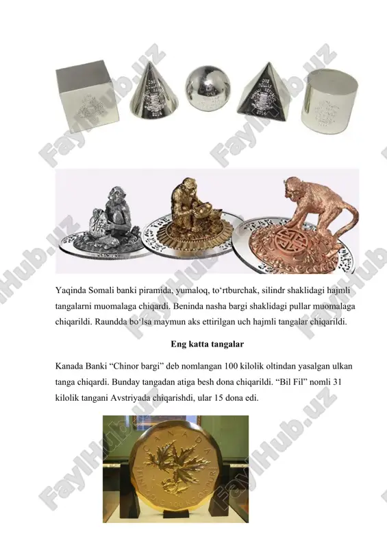 xil rituallar vaqtida ishlatilgan xolos. xozir esa ular umuman boshqa maqsadlarda qo‘llanilmoqda. umrbod qarzdorlar keltlar ( xind-evropoid qabilalari — eramizdan 1500-1000 yllarda g‘arbiy va markaziy yevropa xududida istiqomat qilishgan ) pullarga nisbatan g‘ayrioddiy munosabatda bo‘lishgan. ular o‘z yaqinlaridan tez-tez qarzga pul so‘rashgan va olgan qarzlarini albatta narigi dunyoda qaytarib berishni va’da qilishgan. xamma banknotlar xam qog’ozdan tayyorlanmaydi malayziyada, vetnamda va avstraliyada qog‘oz pullar qog‘ozdan tayyorlanmaydi. ularni tayyorlash uchun yupqa plastikadan foydalaniladi, chunki bunday xolatda pullar o‘zining mustaxkamligi va bakteriyalarni to‘plamasligi bilan ajralib turadi. 100 000 dollarlik banknot ushbu banknot qachonlardir amerikada chiqarilgan. u oddiy odamlarga berilmagan, faqatgina moliya muassasalari o‘rtasidagi xisob-kitoblardagina foydalanilgan. ma’lumot uchun, uni chiqarish 30 000 dollarga tushgan. pullarda reklama 2004 yilda amerikada banknotlarga reklama joylashtirish xaqidagi qonun loyixasi taklif qilingan edi. lekin bu taklif qo‘llab-quvvatlanmadi, lekin qachonlardir bu g‘oya amalga oshirilishi extimoldan xoli emas. tangalarda portretlarni zarb qilinishi qadim zamonlardan buyon xukmdorlarning portretini pullarga zarb qildirish odat …
